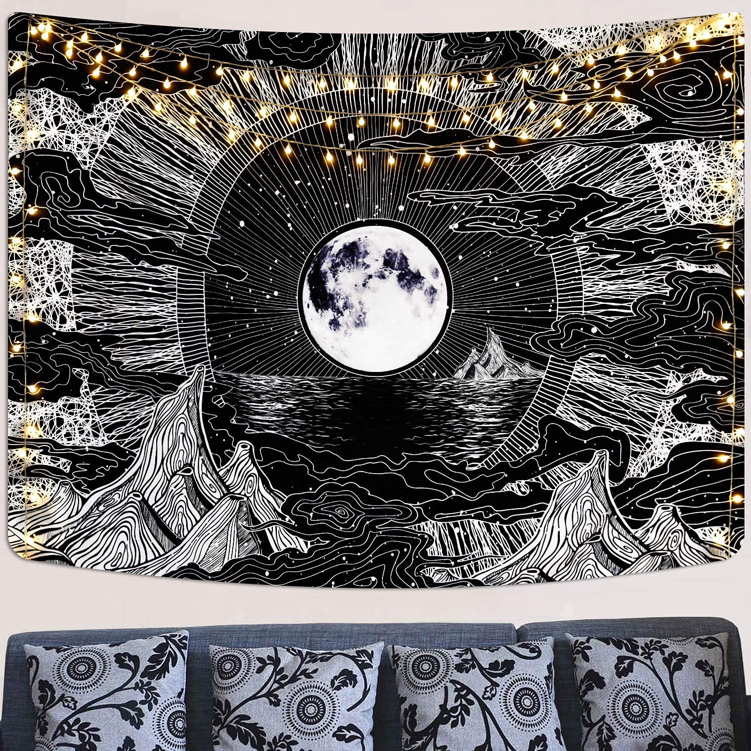 Moon and Star Tapestry Clouds Tapestries Black Tapestry Psychedelic Mountain Tapestry for Room（Moon ，Nebula ）（150 * 130cm）