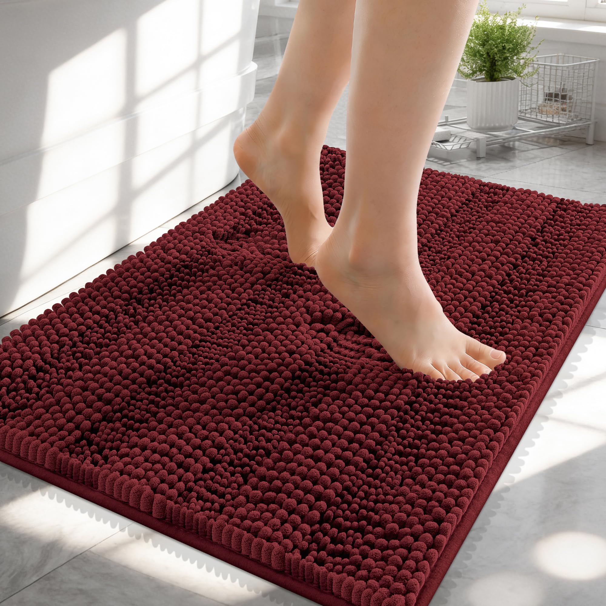 OLANLY Small Bathroom Rugs 24x16, Chenille Bath Rugs, Andorra Red-Brown