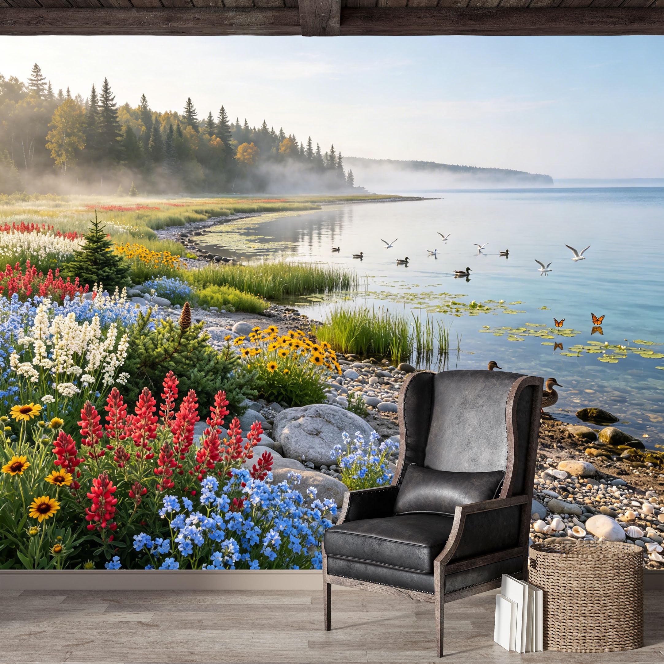 Custom Size Wall Mural,Coastal Lakeside Floral Landscape with Ducks and Butterflies Premium Water Activated SelfAdhesive Wallpaper,Removable Wall Covering for Indoor Home Decor