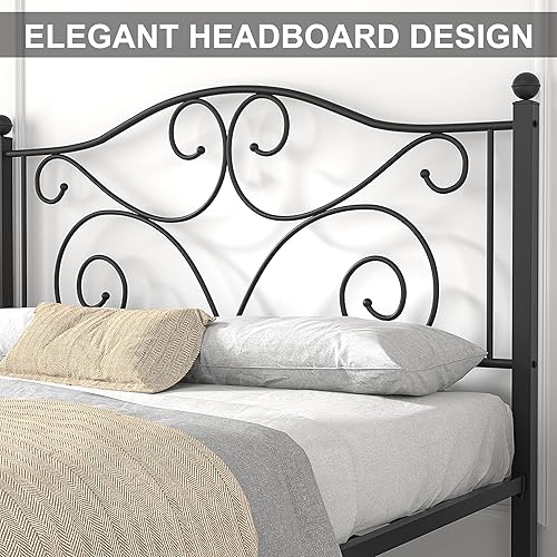 Miniatura 20 de VECELO Base de cama tamaño individual con cabecero y estribo, soporte de listones de metal resistente, base de colchón de plataforma, no necesita