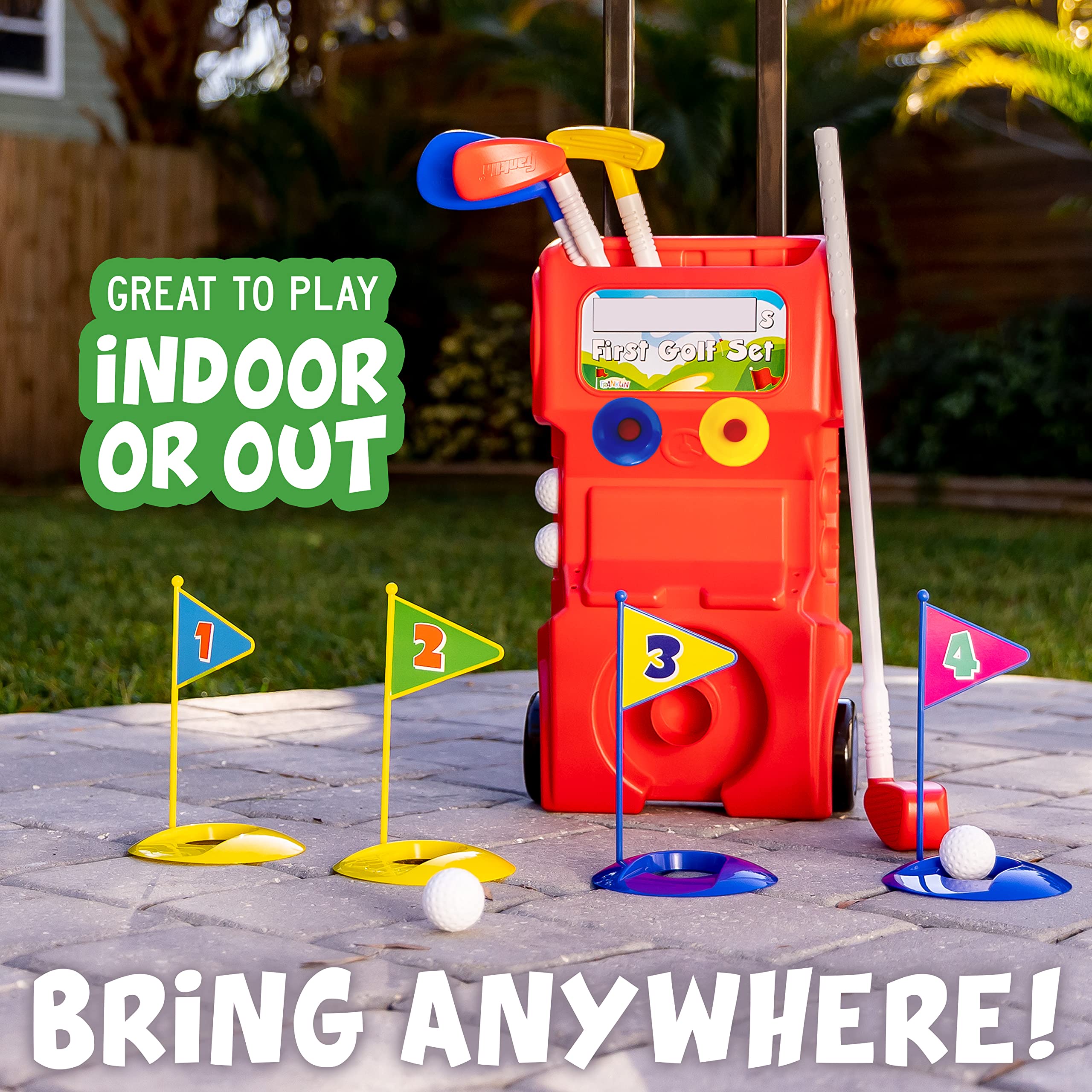 Franklin Sports Kids Toy Golf Set - MyFirst Plastic Golf Clubs + Balls Set for Kids + Toddlers - Mini Toy Righty + Lefty Golf Club Set - Includes Carry Case, (4) Balls + (4) Holes, Red - Image 9