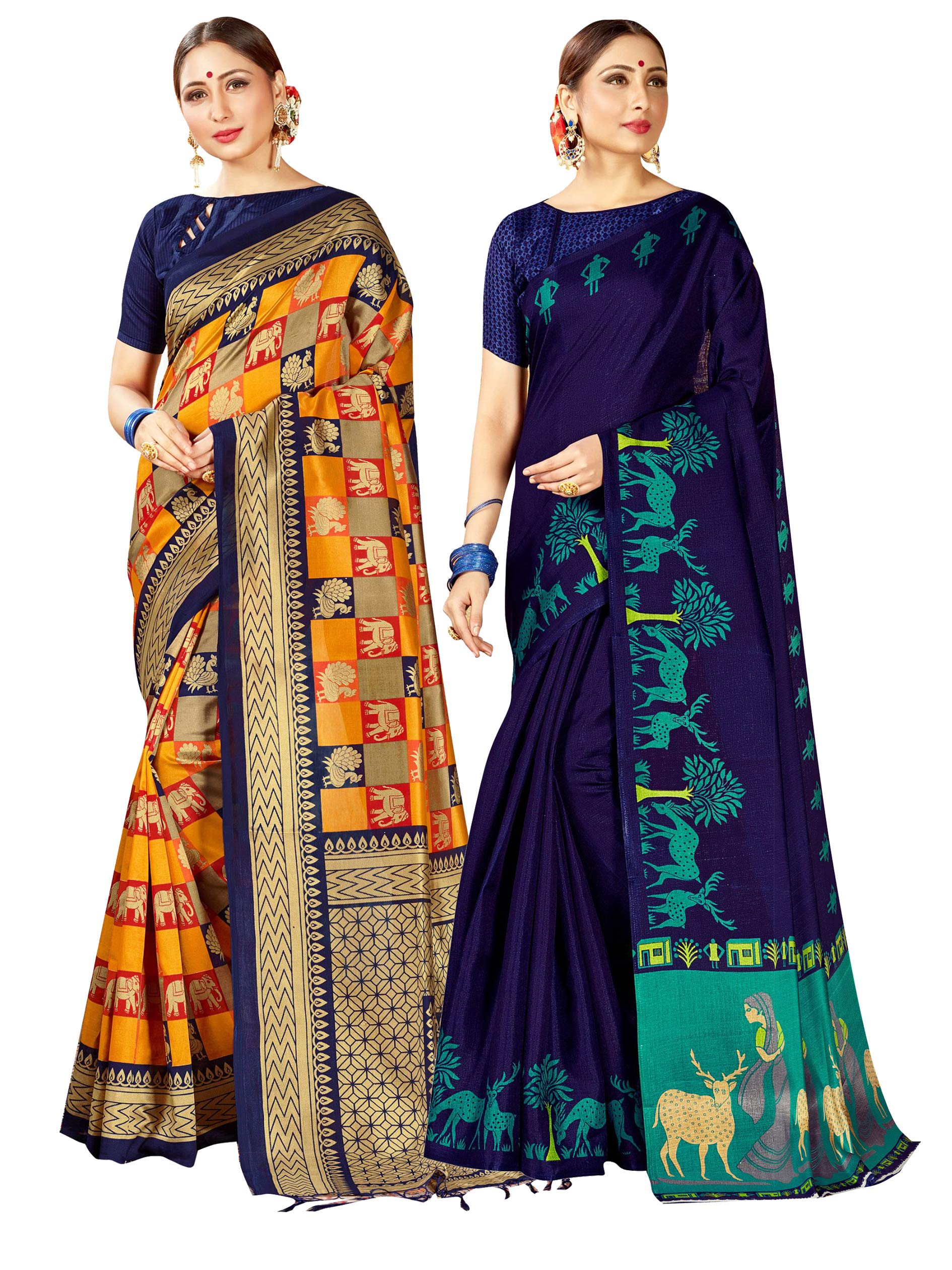 Elina fashionPack of Two Sarees for Women Mysore Art Silk Printed Indian Diwali Sari || Wedding Gift Combo Saree