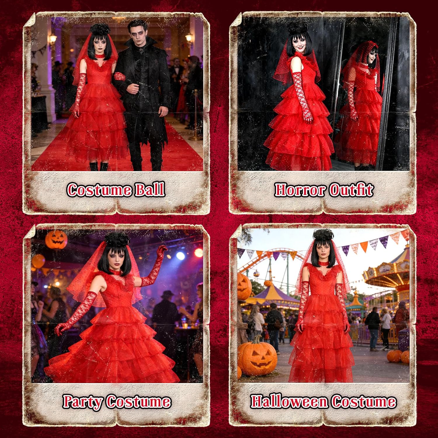 4PCS Women Lydia Deetz Costume Dress Beetle Bride Red Wedding Dress Wig Gloves Cosplay Gothic for Adult Halloween - Image 6