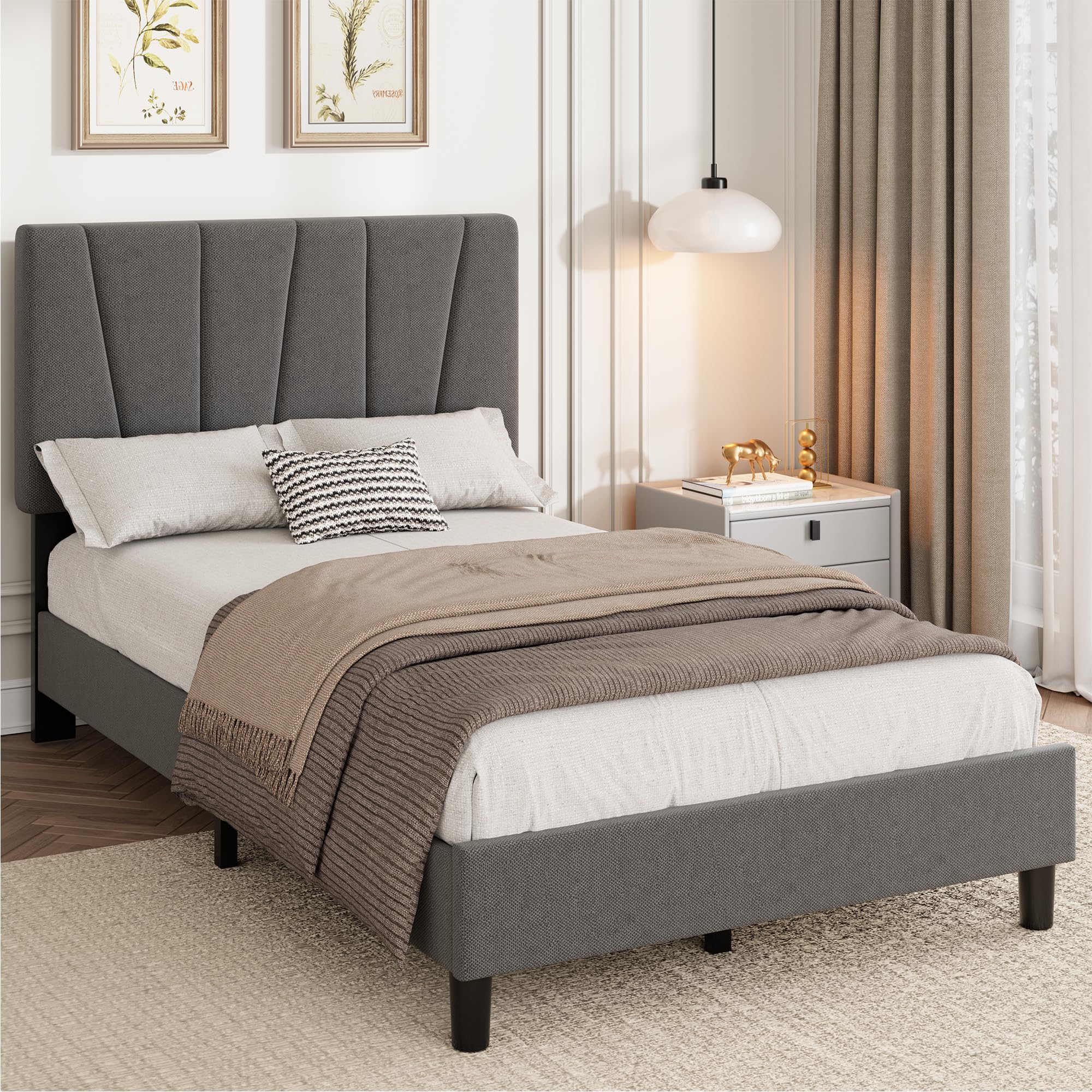 SunnyFurn Twin Size Bed Frame with Headboard Adjustable, Linen Upholstered Twin Platform Bed with Headboard, Mattress Foundation with Wooden Slats, No