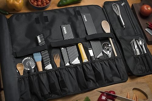 Miniatura 3 de Asaya Bolsa enrollable para cuchillos de chef, 20 bolsillos en total para cuchillos y utensilios de cocina, fabricada con nailon encerado resistente