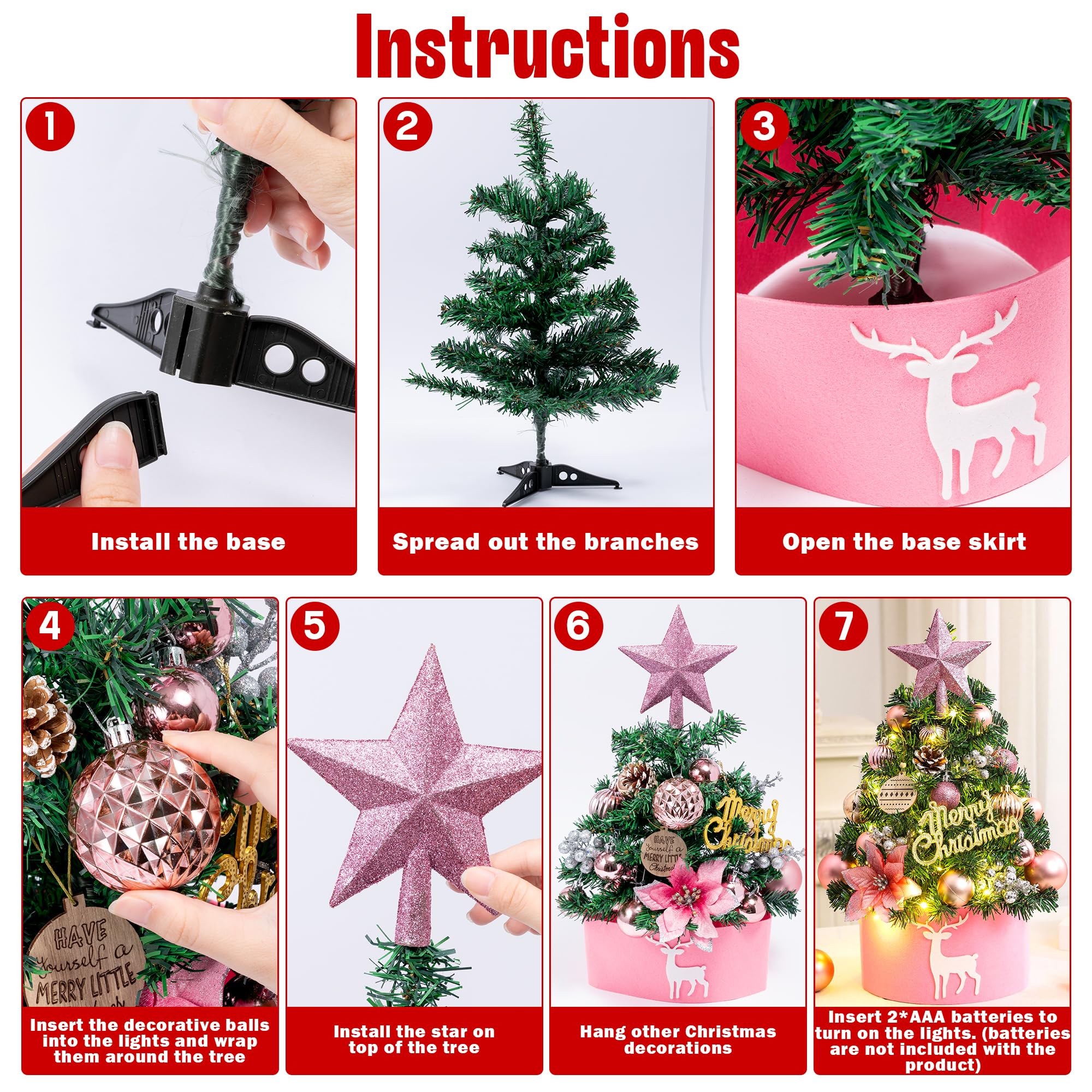 Mini Weihnachtsbaum mit Lichtern 45 cm Weihnachtskugeln Kugelschmuck Kleiner Weihnachtsbaum mit Stern als Baumspitze, Tannenzapfen für Weihnachten Büro, Esstischdekoration (Rosa)