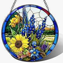 Stained Glass Window Hanging, 7.8 Inch Texas Bluebonnet Flowers and Sunflowers Stained Glass Suncatcher for Window, Door, Home Decor, Sun Catchers for Indoor Windows, Gifts for Women, Mom, Grandma