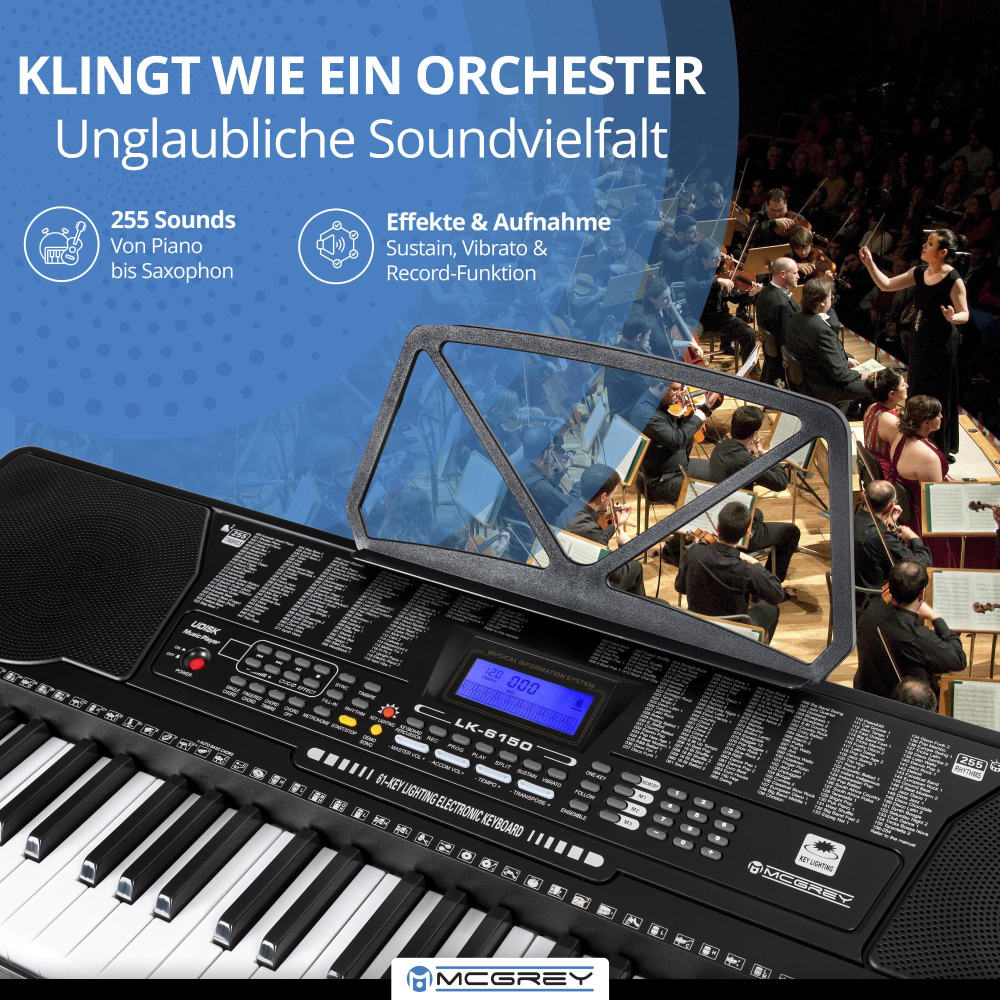 McGrey LK-6150 61 Tasten Keyboard Set - Einsteiger-Keyboard mit 61 Leuchttasten - 255 Sounds und 255 Rhythmen - integrierter MP3-Player - inkl. Ständer und Hocker - Schwarz