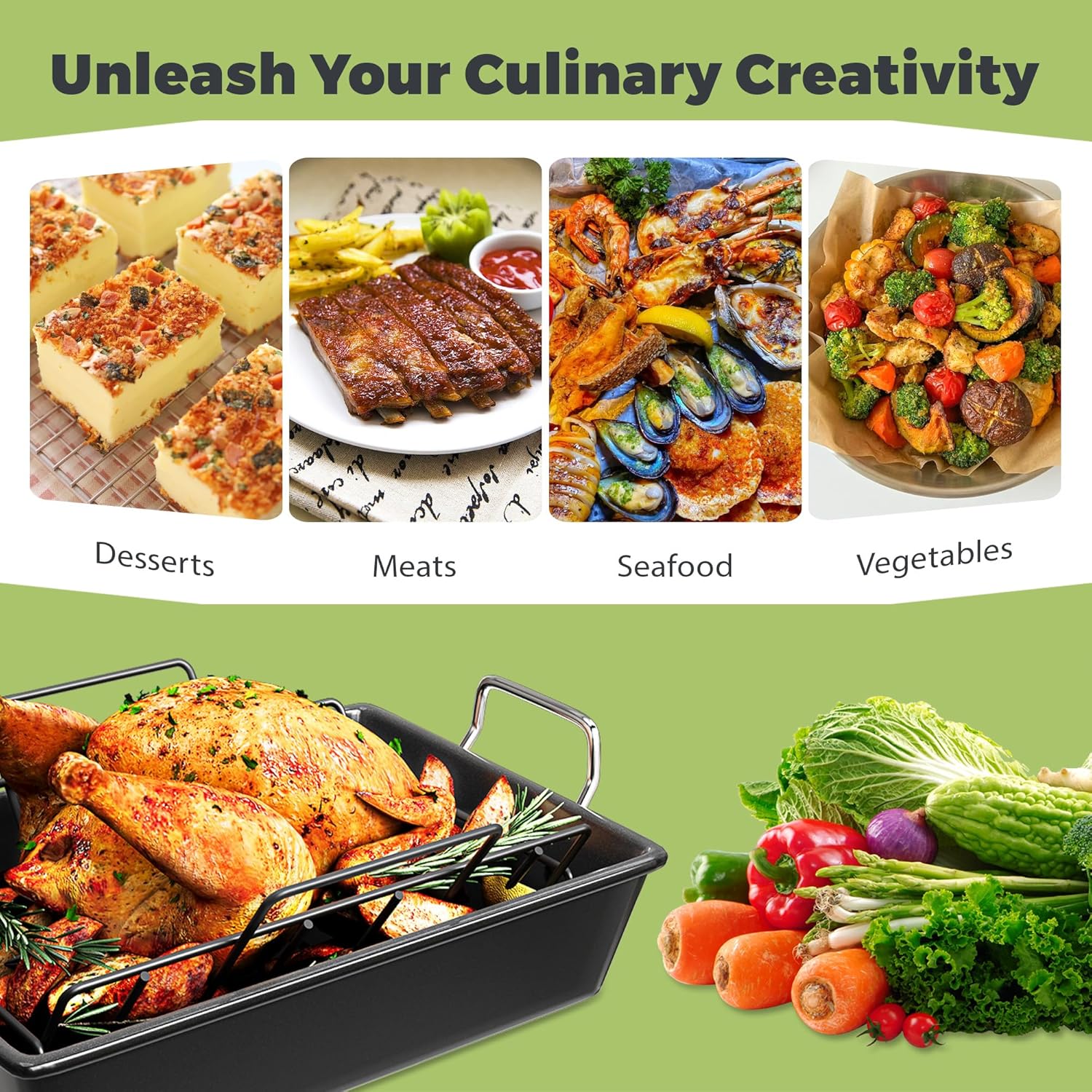 Large Roasting Pan With Rack 17'' x 12'' - Heavy Duty Carbon Steel Nonstick Roaster Pan with U Rack Bakeware Tray for Turkey, Chicken, Veggies - Oven, Broiler & Dishwasher Safe - Image 7