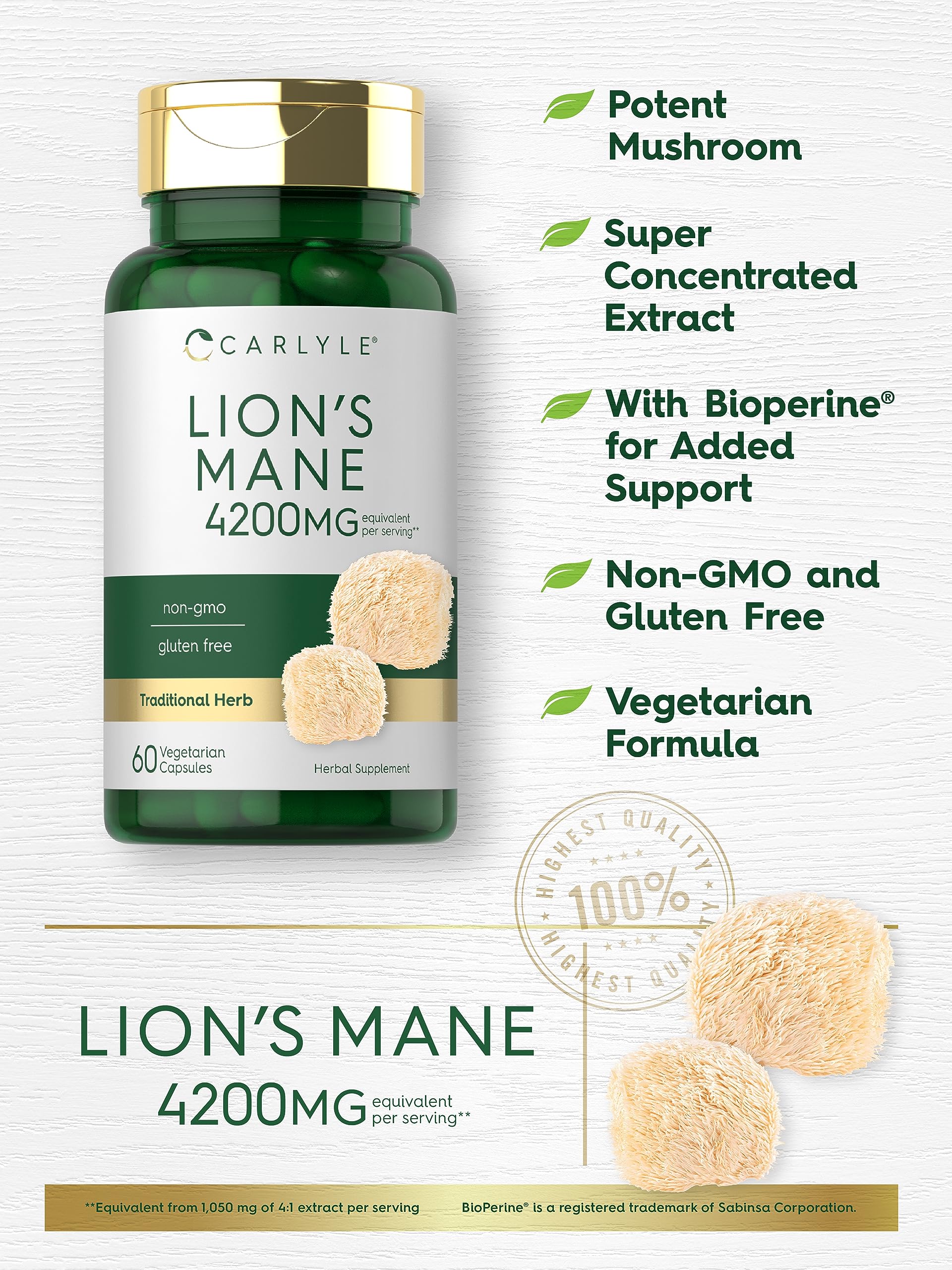Carlyle Lions Mane Supplement Capsules | 4200mg | 60 Count | Vegetarian, Non-GMO & Gluten Free