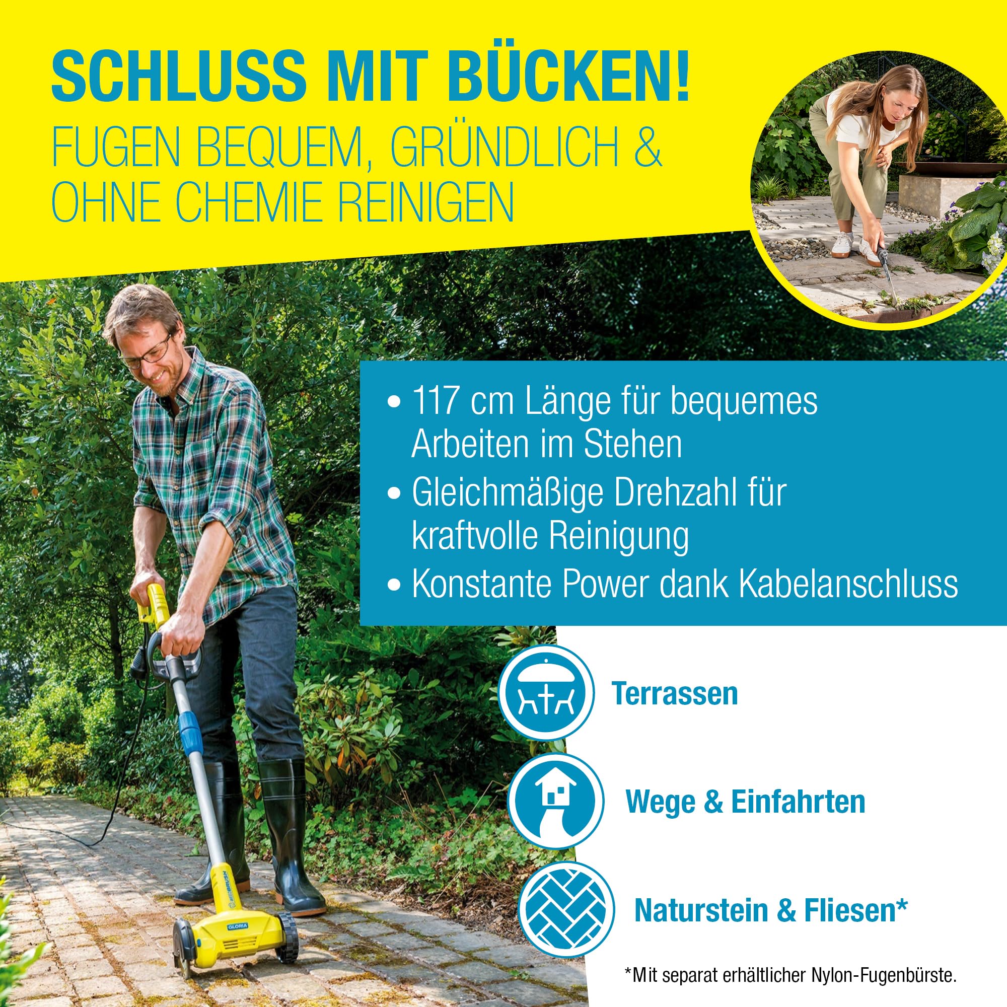GLORIA Fugenbürste WeedBrush | Elektrischer Unkrautvernichter & Fugenreiniger | Fugenkratzer für Pflasterfugen, Terrassenplatten & Wege | Kabelgebundene Unkrautbürste 230V inkl. Stahldraht-Bürste