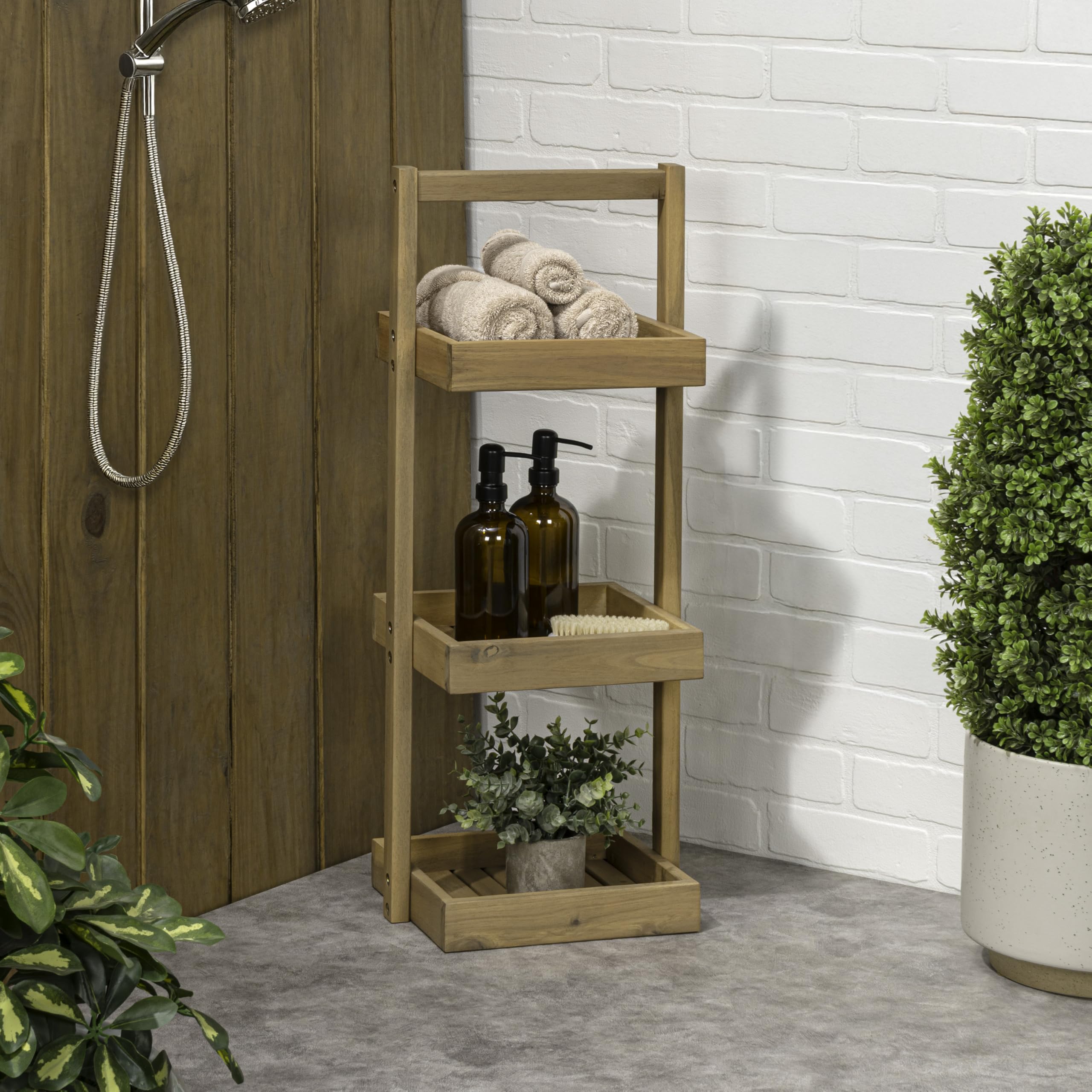 Eyely FHS1001T Bobbie 30 Classic Rustic 3-Tier Acacia Wood Standing Bathroom Shower Caddy for Shampoo Rack for Bath