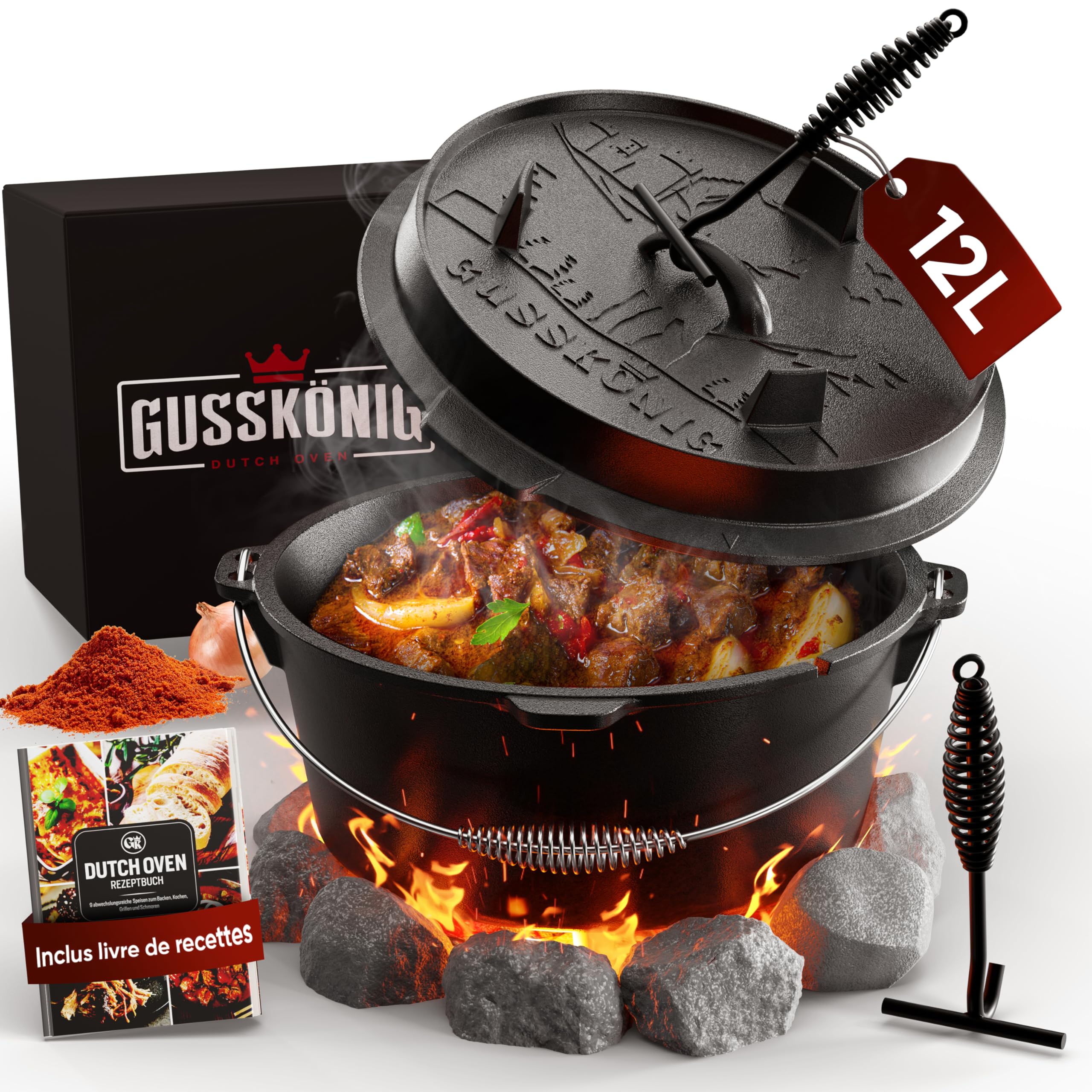 GUSSKÖNIG Ensemble Dutch Oven [12L] - Cocotte en fonte déjà assaisonnée avec levier de couvercle pratique et pieds