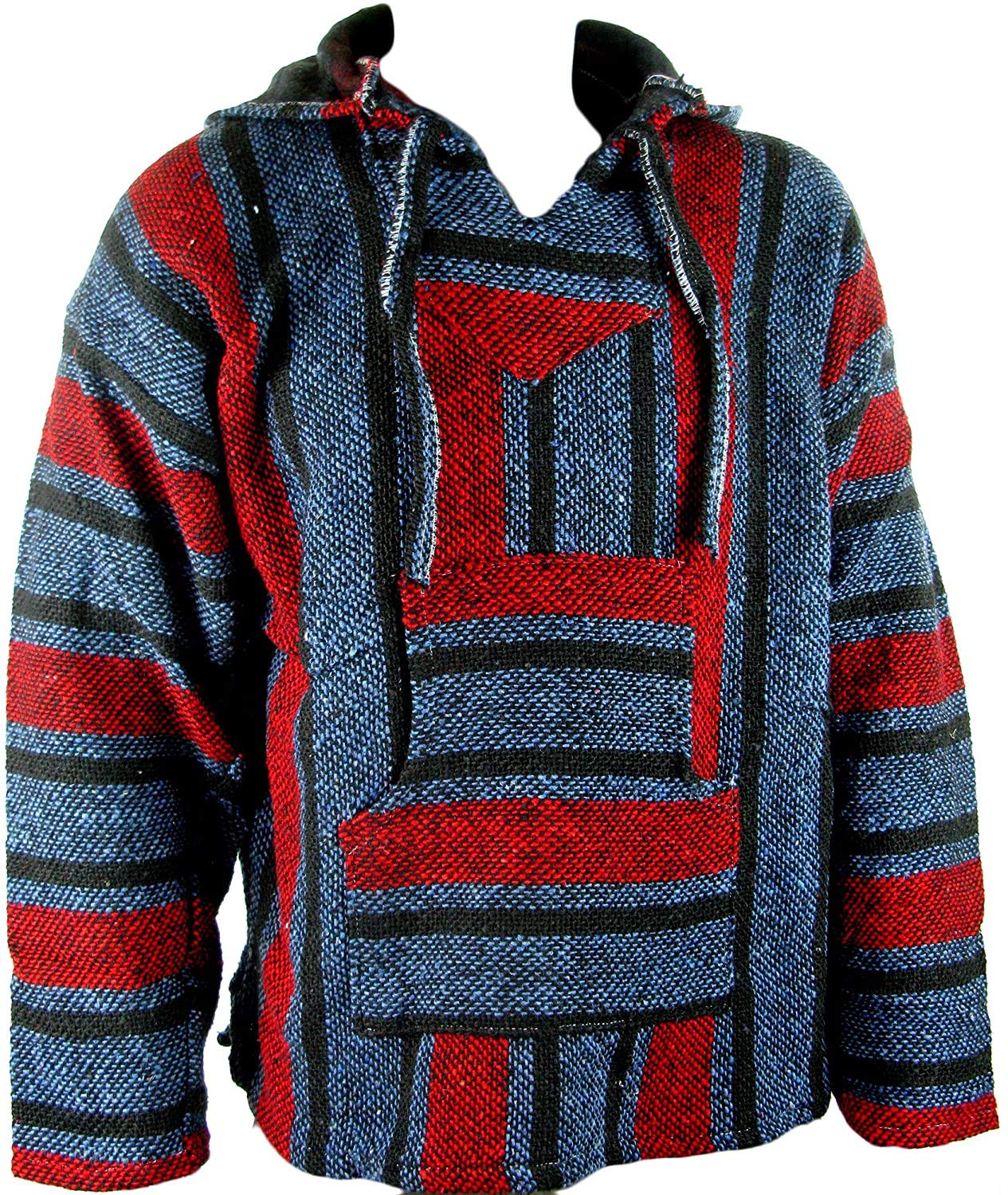 OFDFMEXICAN BAJA JERGA HOODIE HIPPIE FESTIVAL TOP FAIR TRADE (XL, Red & Blue)