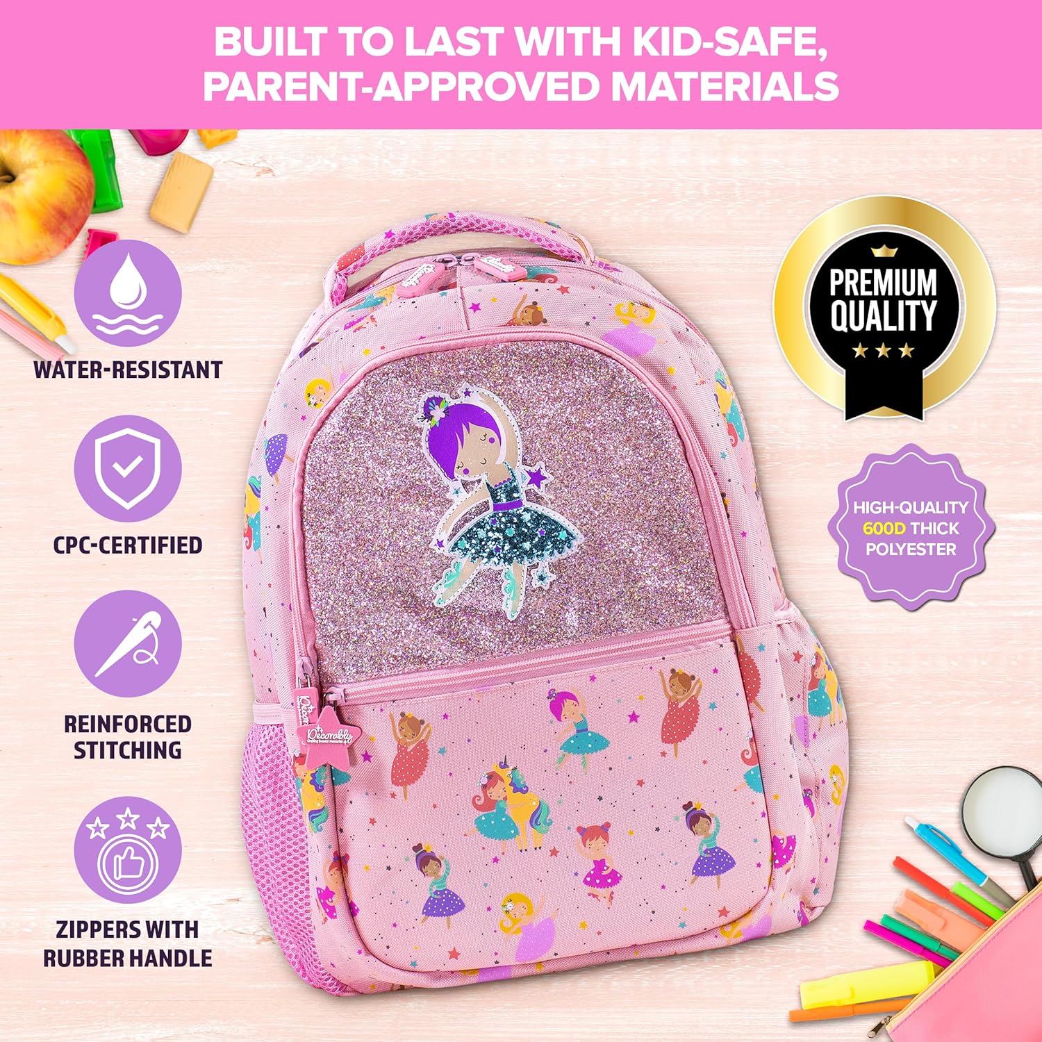 Decorably 16.5in Themed Kids Backpack with 3 Main Compartments & 2 Side Pockets, Backpack for Kids with Padded Straps & Back