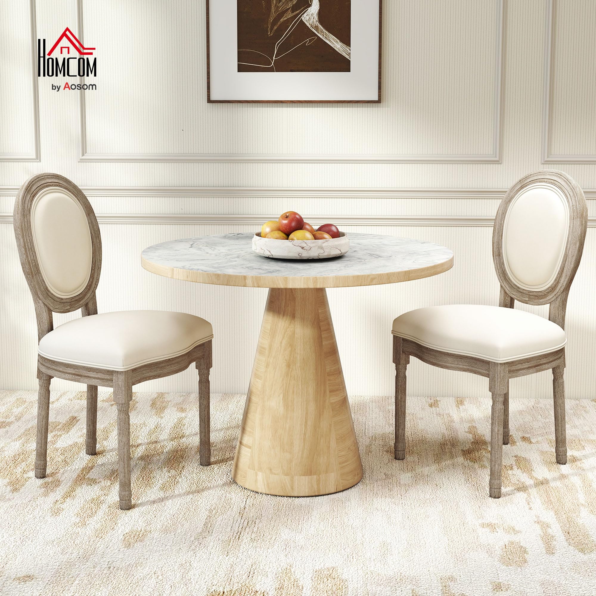 HOMCOM Set 2 Sedie Imbottite da Pranzo, Sedie per Soggiorno Stile Vintage Rétro in Legno e Tessuto Effetto Lino Bianco Panna 49x56x96cm