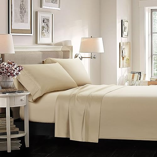 Casabolaj - Juego de sábanas esenciales de color beige, 4 piezas, 100% algodón egipcio, satén de lujo de 400 hilos, suave, de alta calidad, bolsillo