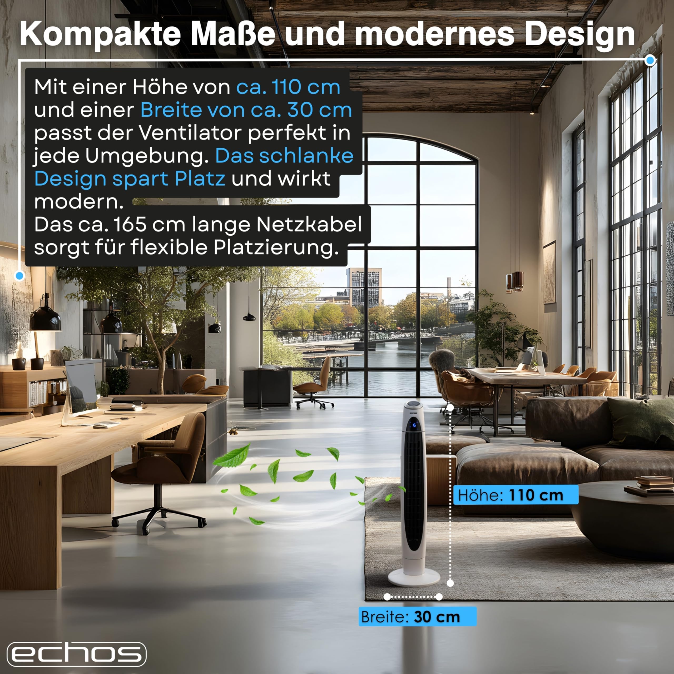 Echos Turmventilator | Ventilator sehr leise | Fernbedienung | Oszillierend | LED-Display | 3 Stufen | Tower Fan | Säulenventilator | Standventilator | Tower-Ventilator | Luftkühler (Schwarz/Weiß)