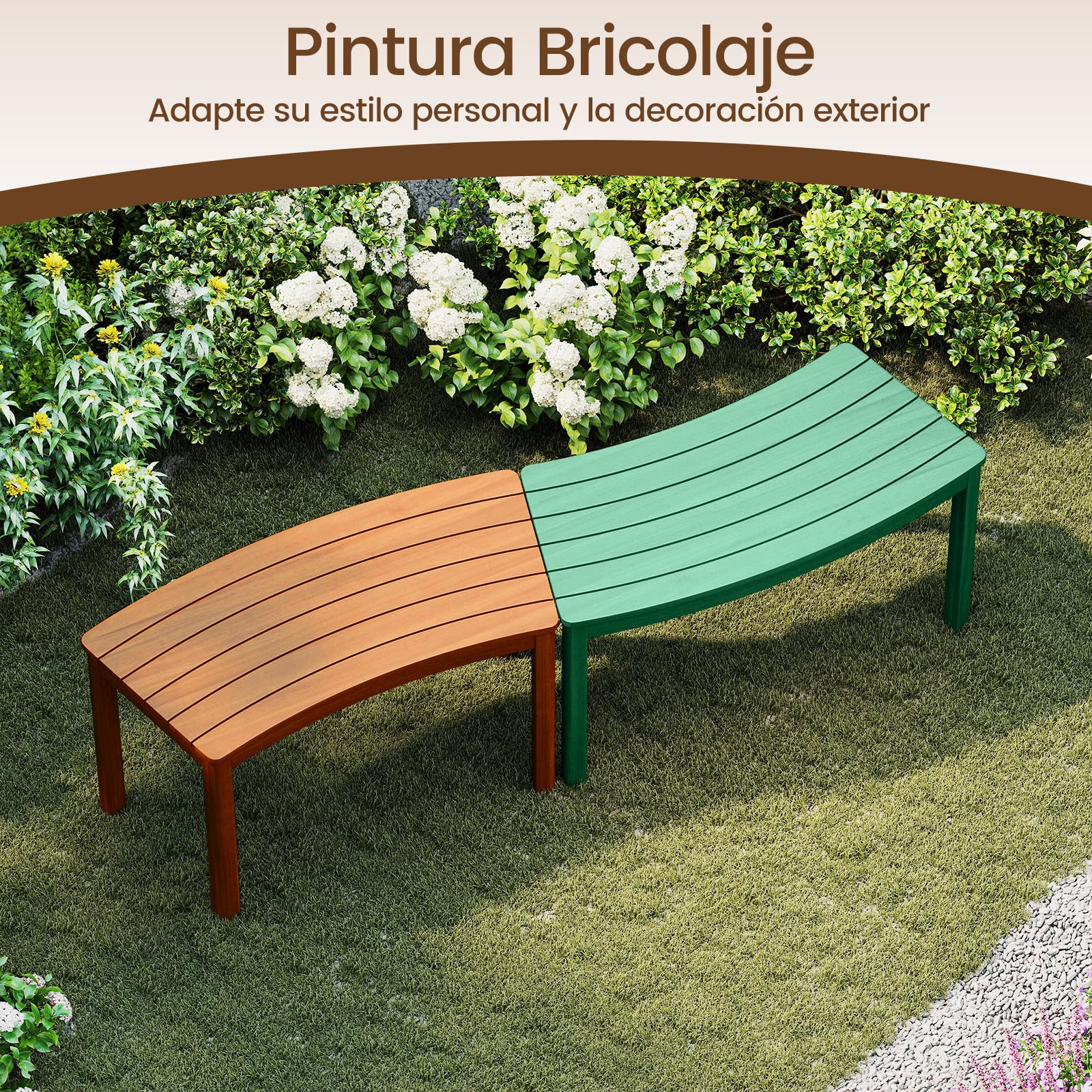 COSTWAY 2/4 Bancos Jardín Curvo de Madera Acacia, Banco Curvado sin Respaldo, Porche Terraza Jardín Patio Exterior Interior, 38,5 x 79 x 45 cm, Carga 180kg, Natural (2)