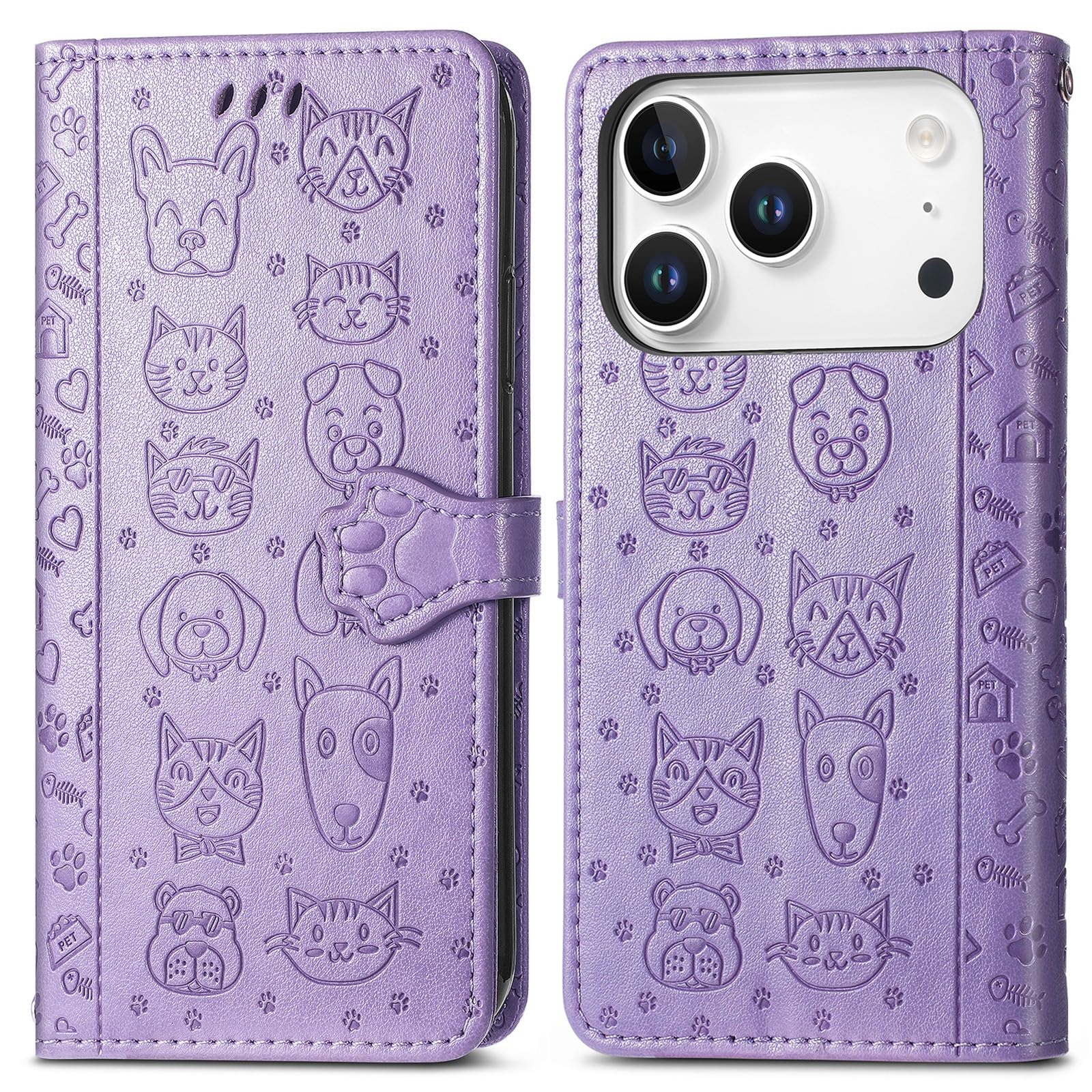 Étui portefeuille iPhone 15 Pro violet antichoc en cuir mignon avec rabat