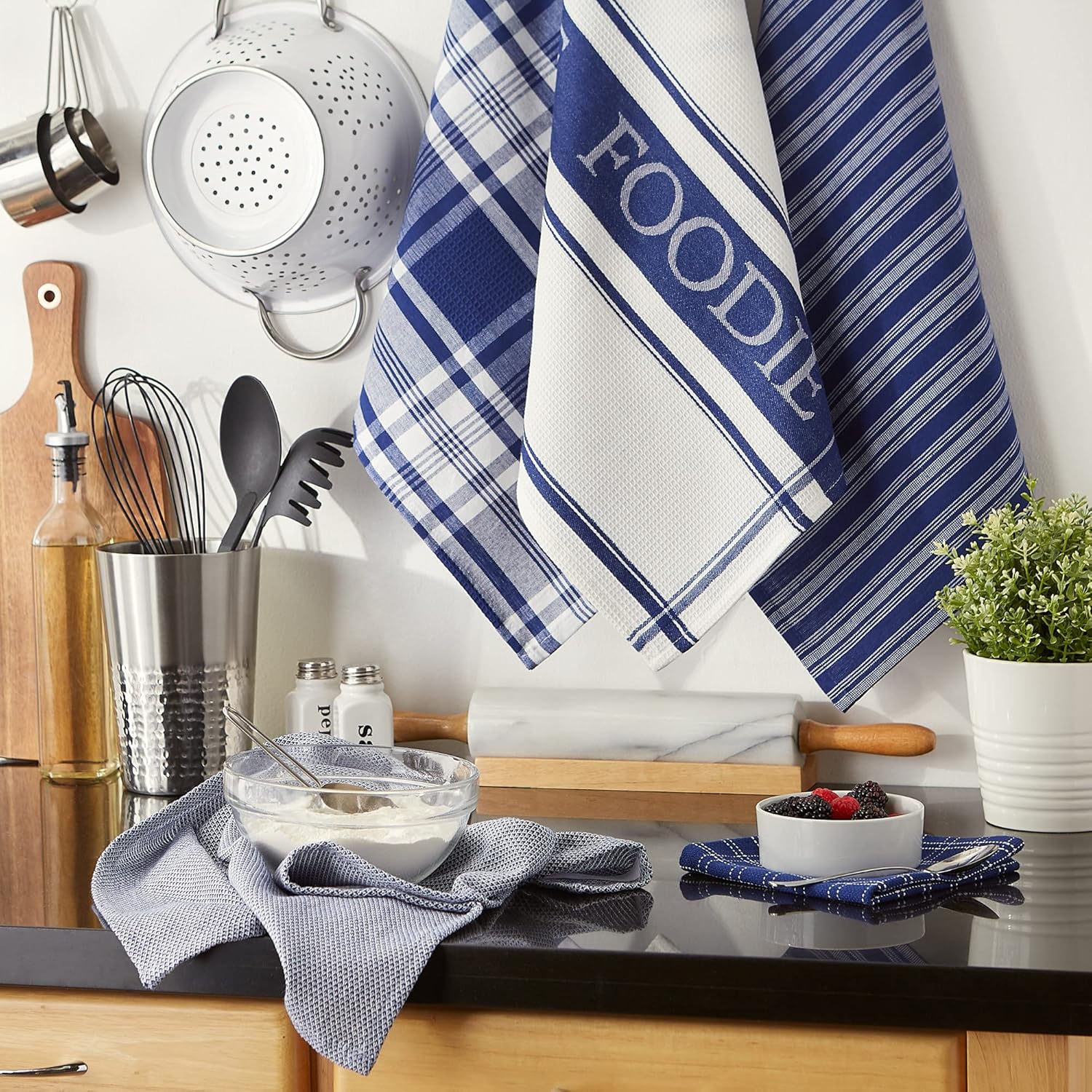 DII Everyday Collection Foodie Kitchen Set, Dishtowel & Dishcloth, Nautical Blue, 5 Piece - Image 5