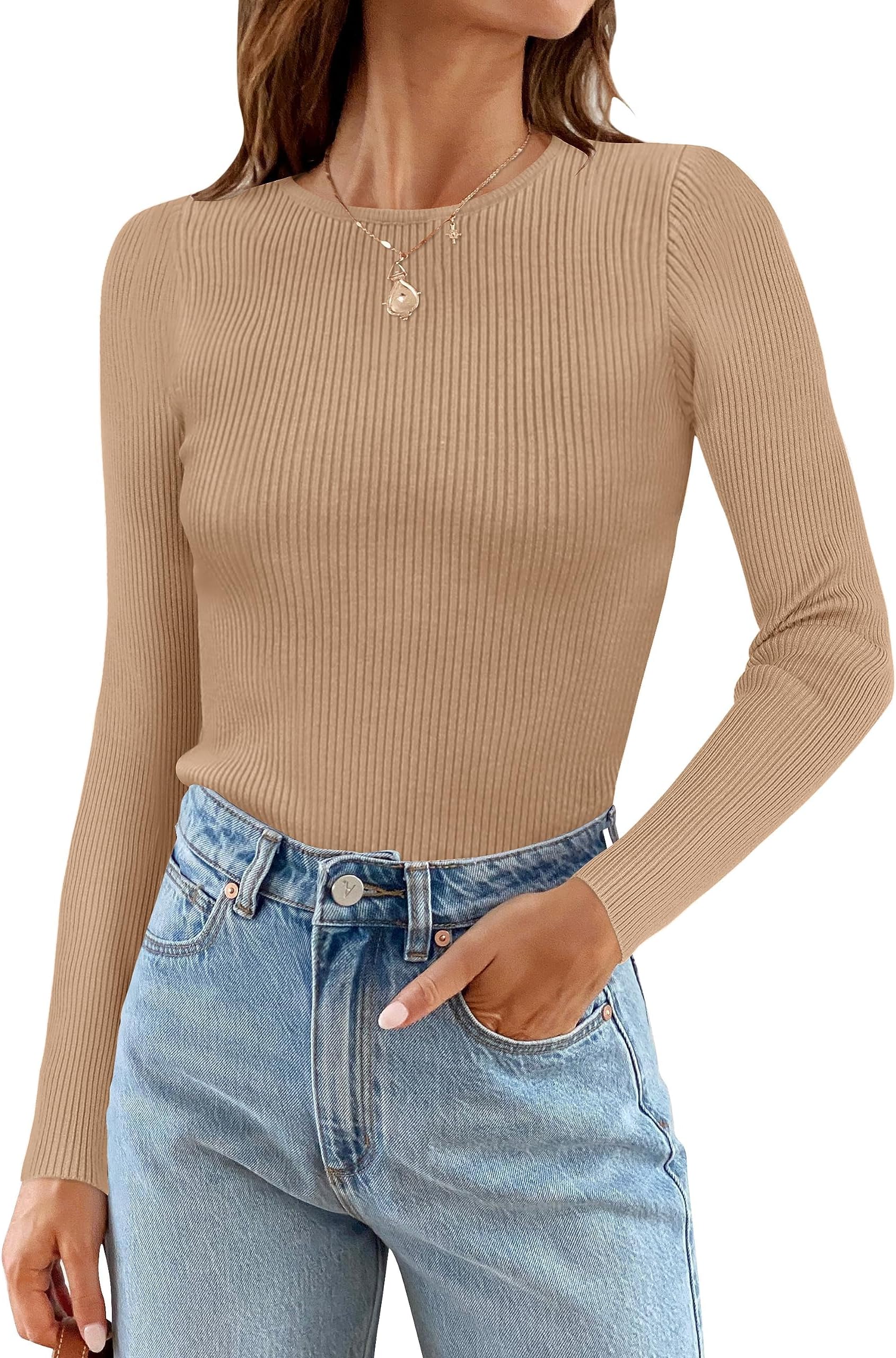 ZESICAWomen's Long Sleeve Crewneck Shirts 2025 Fall Ribbed Knit Sweater Slim Fitted Casual Basic Tee Tops