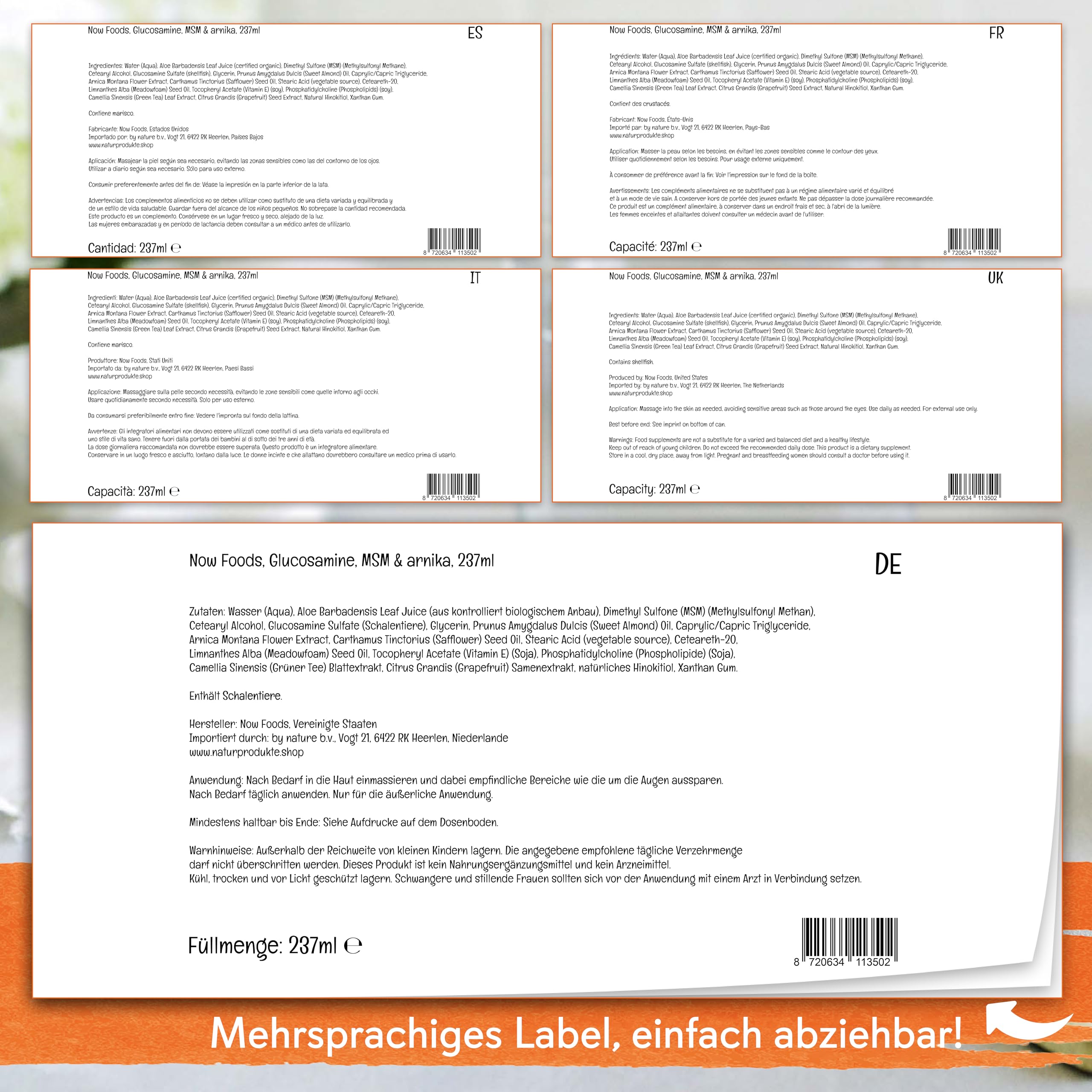 Now Foods Solutions, Glucosamin MSM Arnika Lotion, liposomal, 273ml, Laborgeprüft, Sojafrei, Vegan, ohne Gentechnik