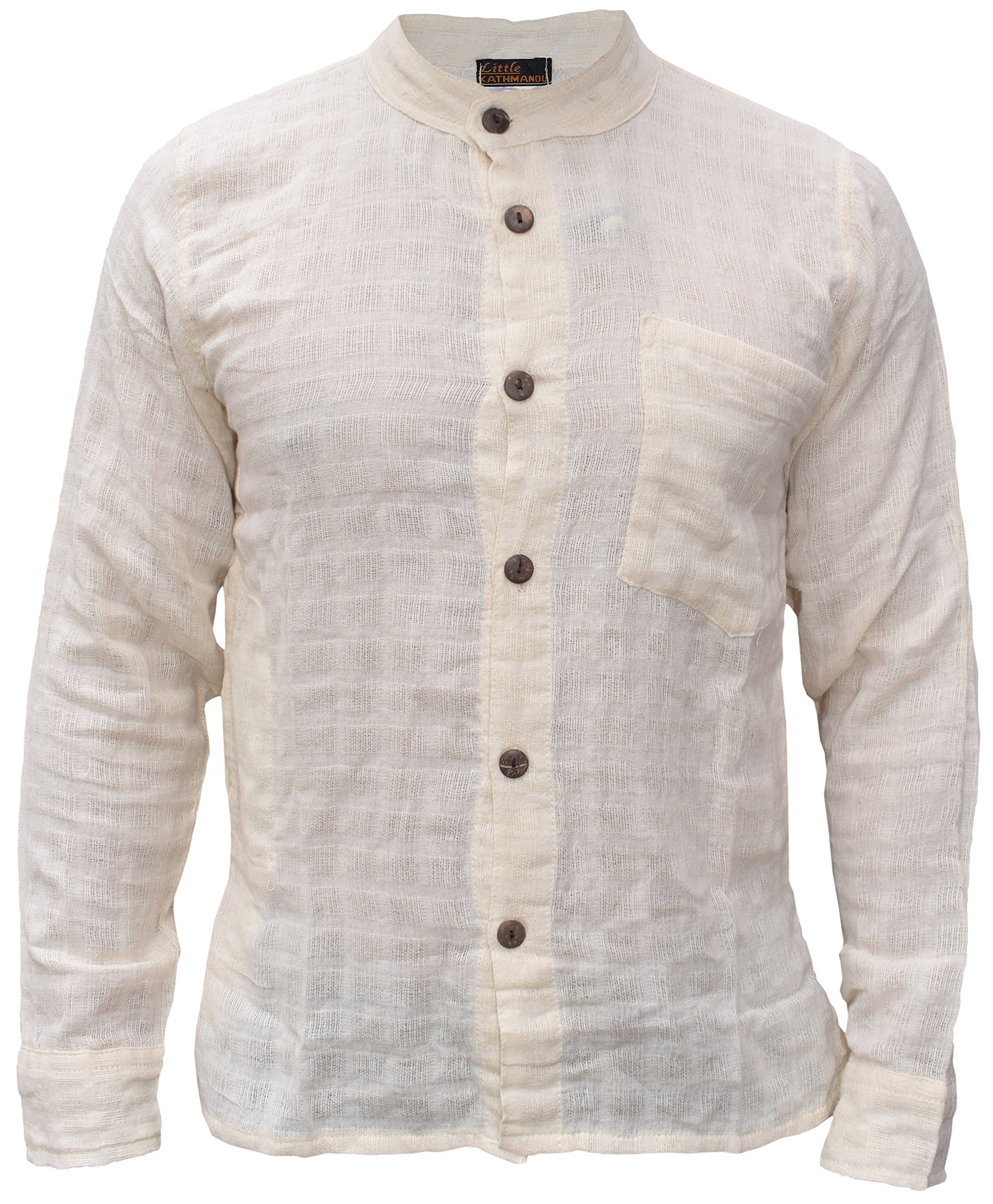Gheri Mens Cotton Check Textured Button Down Grandad Collar Shirt Cream XX-Large