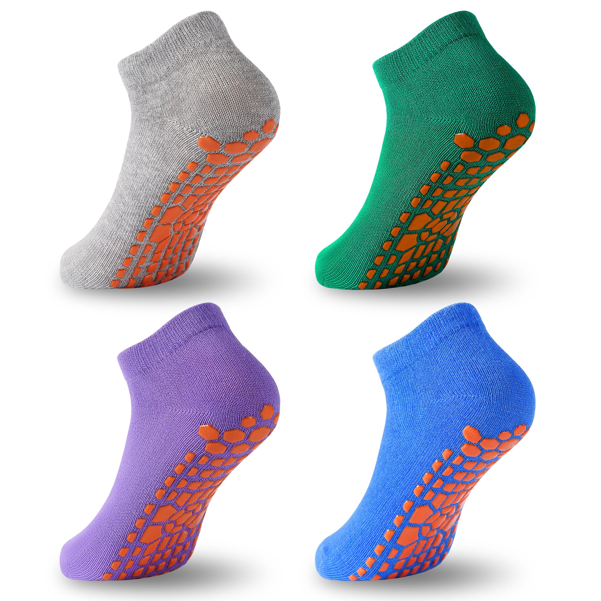 ELUTONG Kinder Rutschfeste Trampolin Socken, 4 Paar Jungen und Mädchen Baumwolle Stoppersocken für Kinder 6–8 Jahre (grau+grasgrün+mittelviolett+blau)