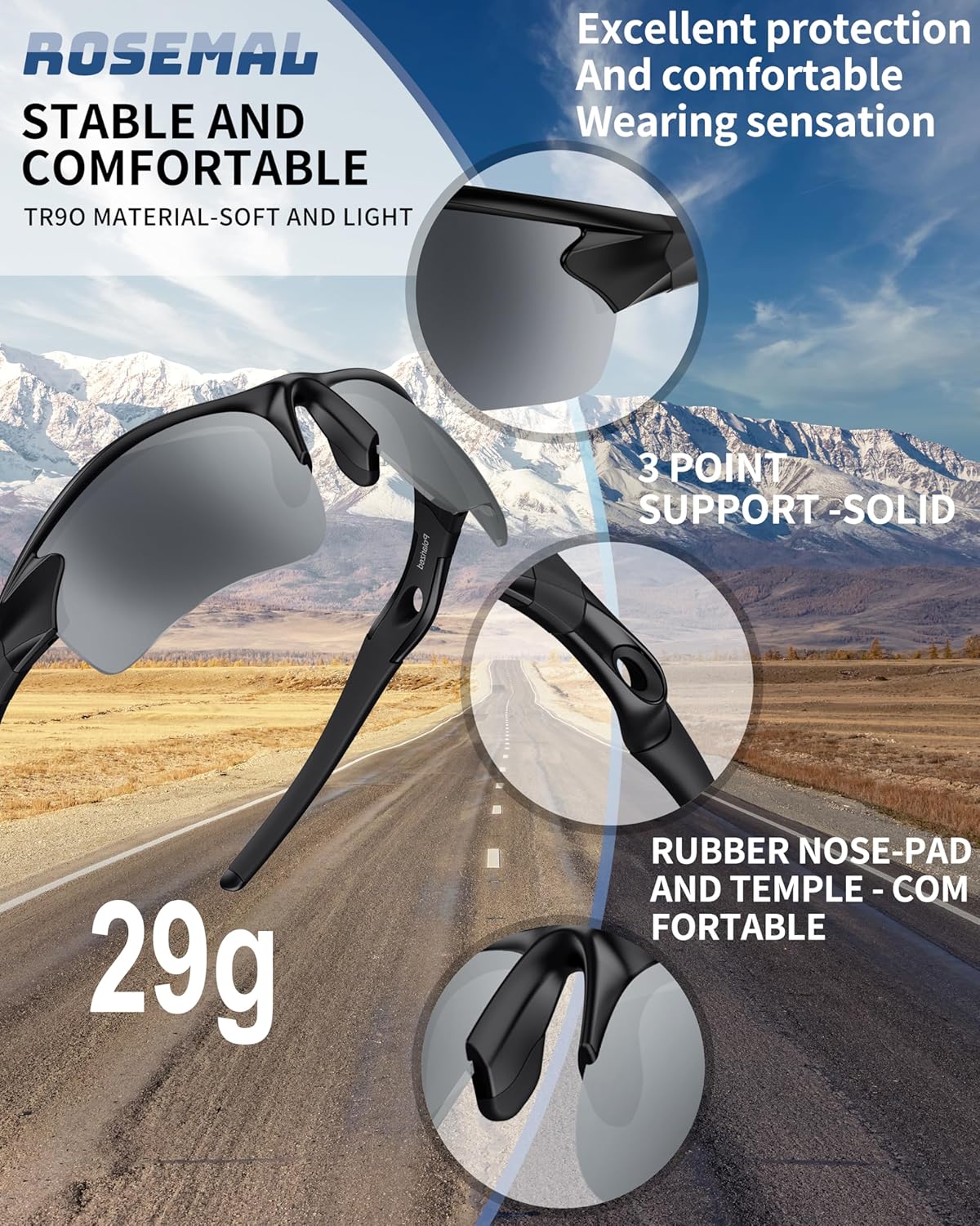 Rosemal Polarized Sunglasses for Men Women Running Sunglasses Sports Cycling Driving Fishing Baseball Golf TAC UV400 TR90 - Image 3