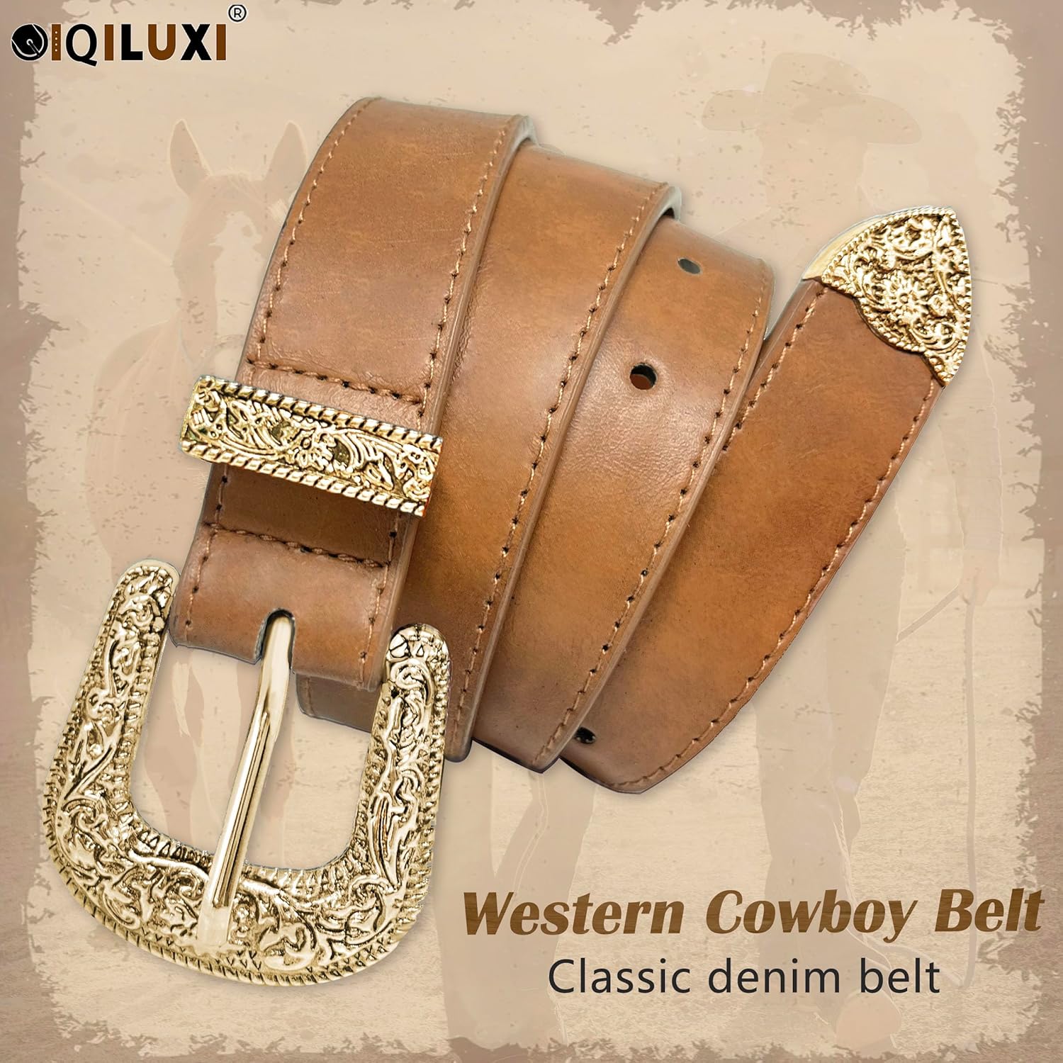 Western Cowboy Cowgirl Belt for Women, Engraved Buckle PU Leather Belt for Jeans Dresses, 1.1" Wide, 27-48" - Image 5