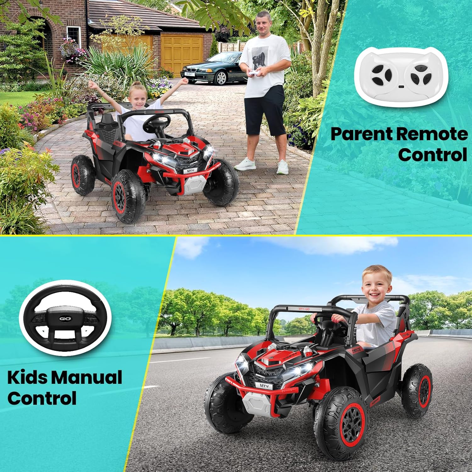Hikole 24V Ride on Toy for Kids 4-8, XL Kids Electric Car 2 Seater, 4X200W Powerful Motor, Remote Control, 20" Spacious Seat, MP3 & USB, 3 Speed, Storage, Red