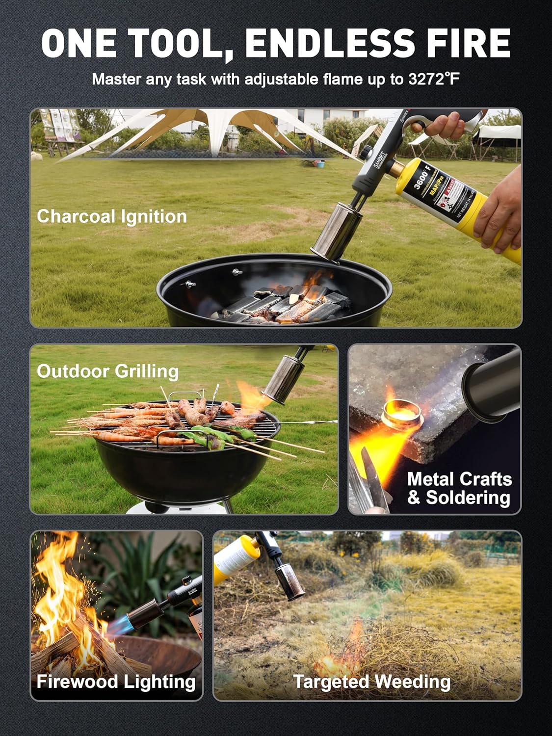 SMART JERRY - Propane Torch Gun w/Adjustable Flame | Flame Thrower Gun BBQ Grill Torch | Blow Torch Gun for Searing, Charcoal Lighting & Cooling | Max 3272℉ (Propane Gas Not Included)
