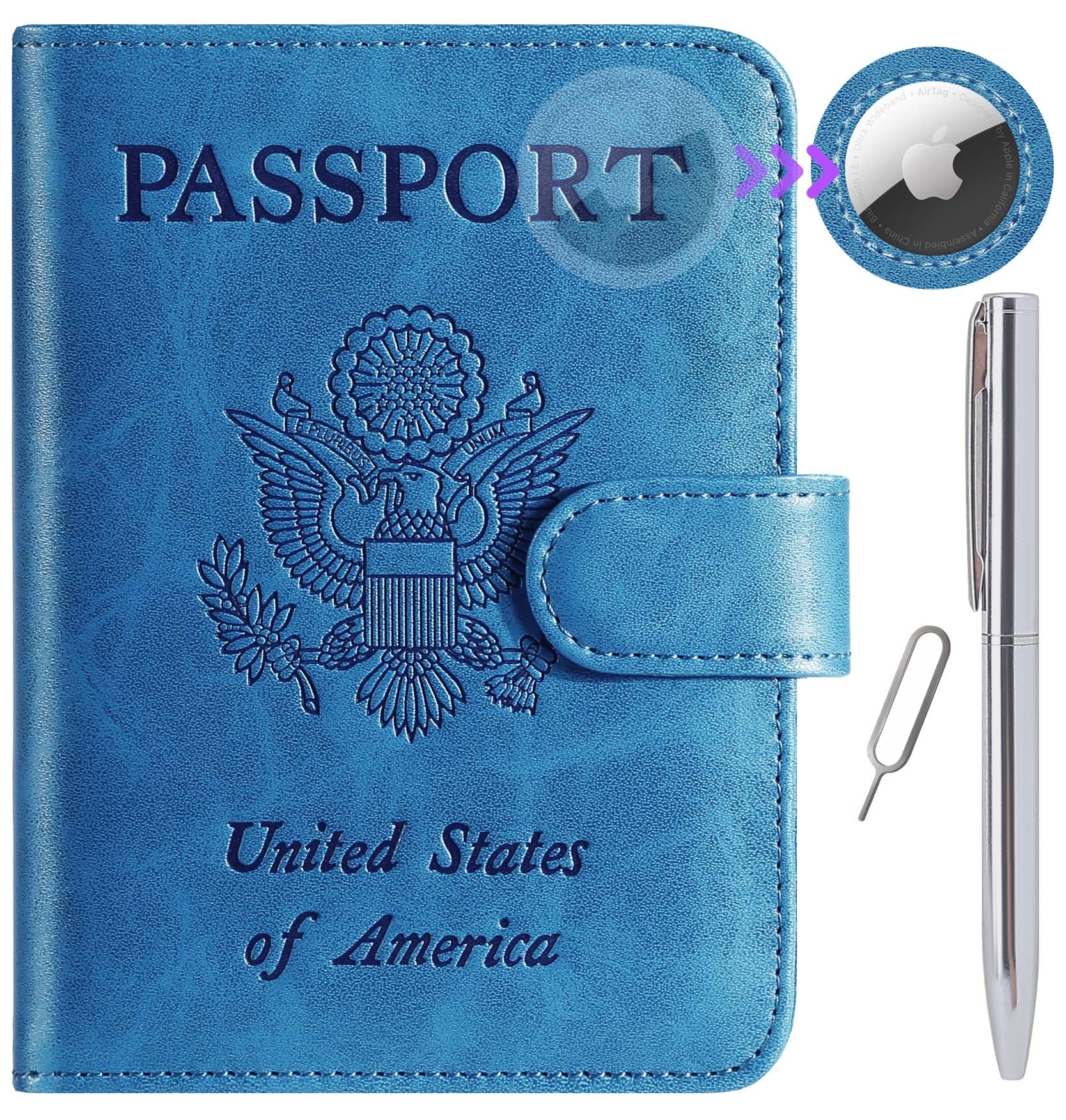 PASCACOO Airtag Passport Holder Cover Wallet RFID Blocking Leather Case Travel Essentials Luggage Accessories Travel Must Have(118#Blue)