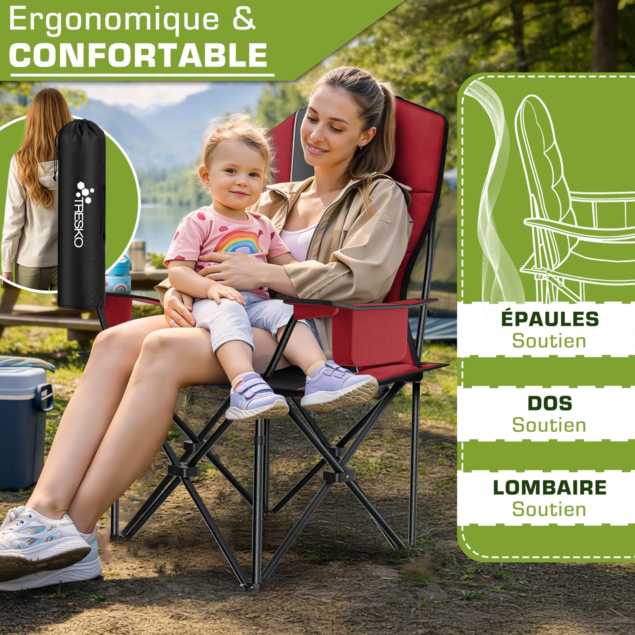 TRESKO® Chaise de Camping Pliante et transportable | jusqu'à 150 kg | Chaise de pêche Portable avec accoudoirs et Porte-gobelets (Rouge)