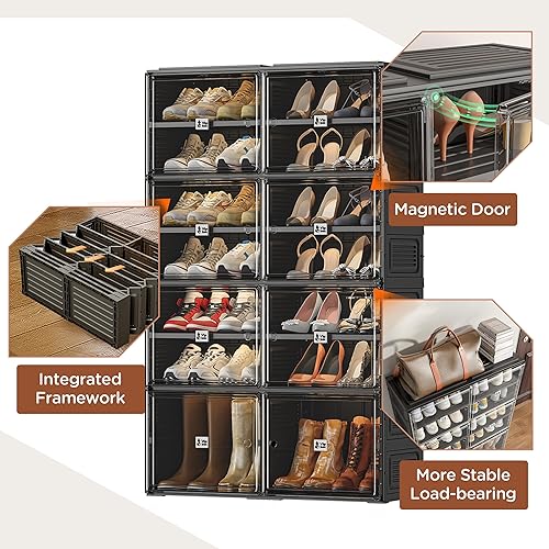 Miniatura 5 de Organizador de zapatos negro para entrada de armario, cajas de almacenamiento transparentes apilables para zapatos con puerta, fácil montaje,