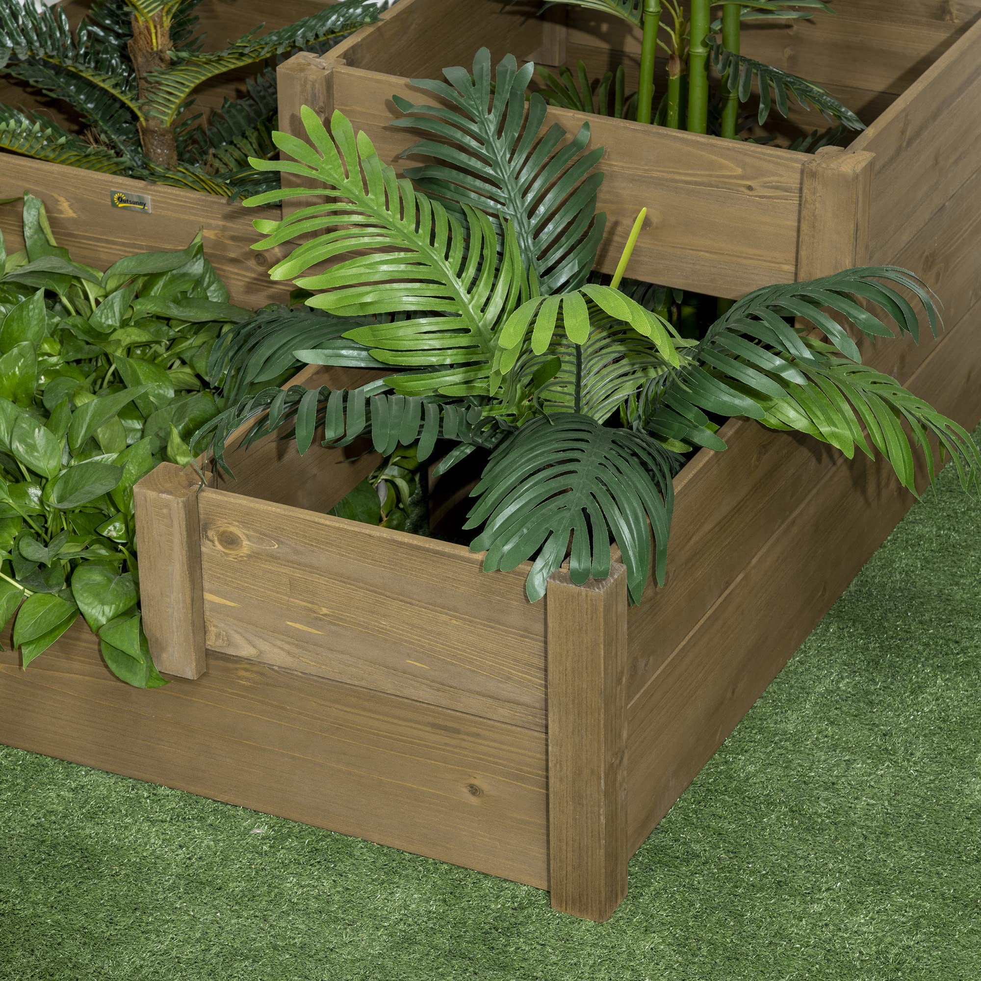 Outsunny Bac à légumes surélevé Bac à fleurs avec 3 niveaux, bac à plantes pour herbes aromatiques sur la terrasse et le balcon, bois de sapin, brun, 122 x 122 x 51 cm