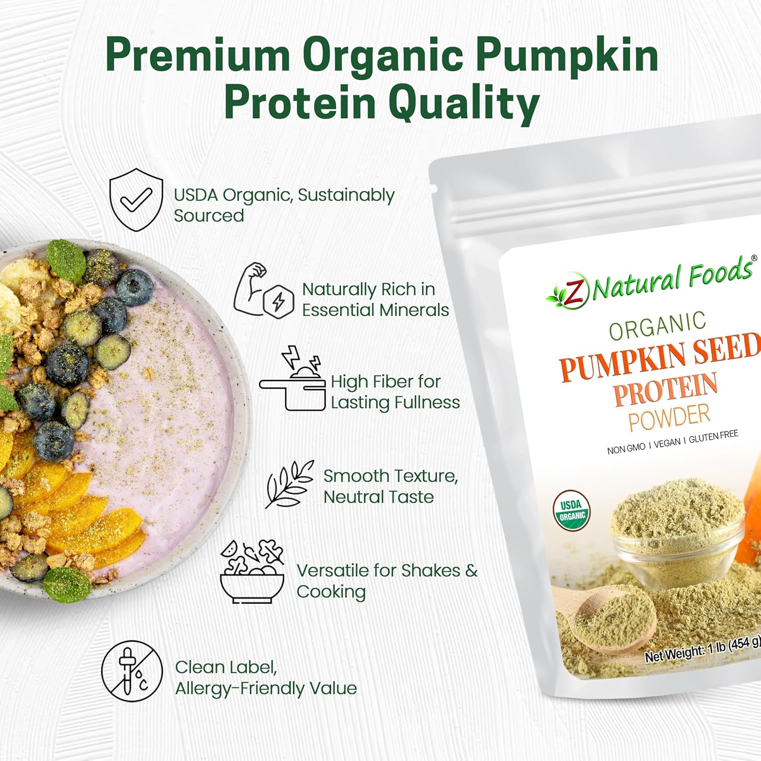 Z Natural Foods Organic Pumpkin Seed Protein Powder - Nutrient-Dense Fiber Supplement, Vegan Pumpkin Protein Powder for Hair Skin Nails Muscle Health - Ideal for Smoothies Shake Baking Recipes, 1 lb