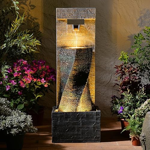 39.8" H Large Modern Indoor Water Fountains Floor Standing Waterfall Fountain for Indoor or Outdoor with LED Lights and Pump for Deck, Patio, Porch, Garden, Yard Decor