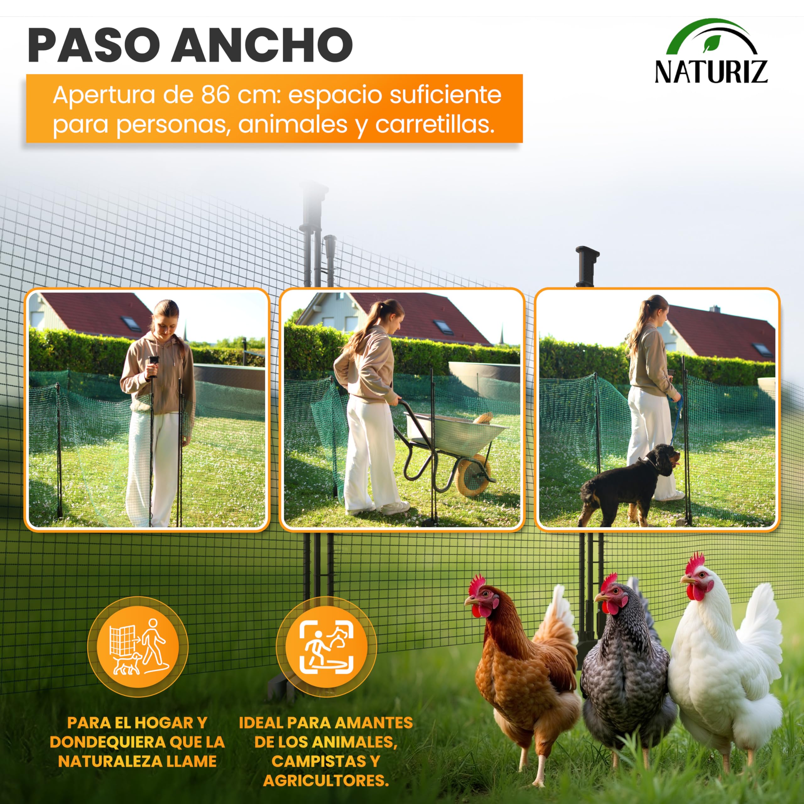NATURIZ® Valla de mimbre con apertura con una sola mano – Puerta móvil para camping, jardín y pasto – Puerta de pasto con montaje y desmontaje rápido, sin electricidad