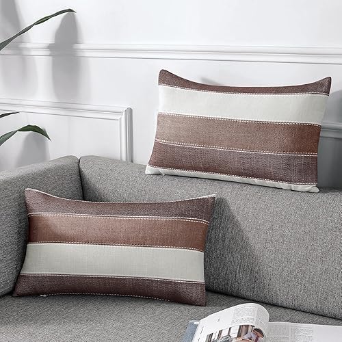 AmHoo Juego de 2 fundas de almohada de lino y algodón, funda de almohada decorativa para sofá o banco, rayas, estilo granja, 12 x 20 pulgadas, marrón