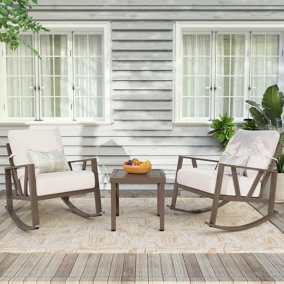 Outdoor Patio Rocking Chairs Set of 2, 3 Pieces Patio Porch Furniture Set with 6” Thick Cushions, Outdoor Bistro Set with Coffee Table,White