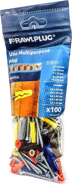 Rawlplug Uno Universal Wall Plugs with Screws - Various Plug Sizes - Pack of 100