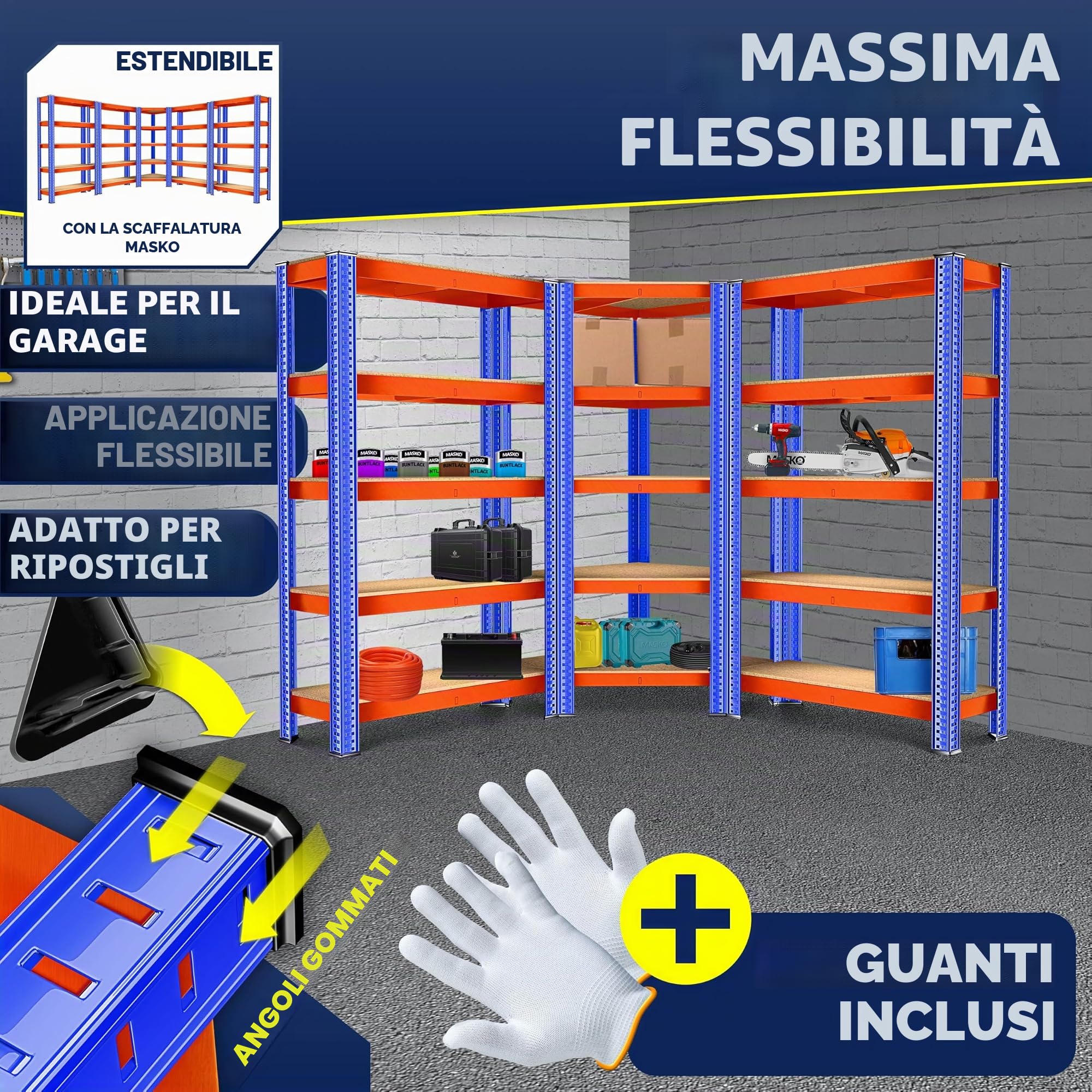 KESSER MASKO® - Set di 3 scaffali in metallo, 1 scaffalatura angolare e 2 scaffali, 15 ripiani, in MDF, 2625 kg, scaffale per officina, cantina, garage, scaffalatura per carichi pesanti (arancione)