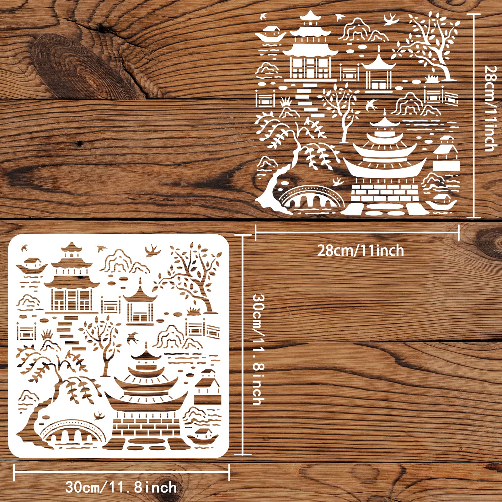 FINGERINSPIRE Secret Garden Toile Drawing Stencil 11.8x11.8inch Reusable for Birds, Tree, Mountains, Buildings, Bridge - Painting on Wood, Floor, Furniture, Wall and Paper