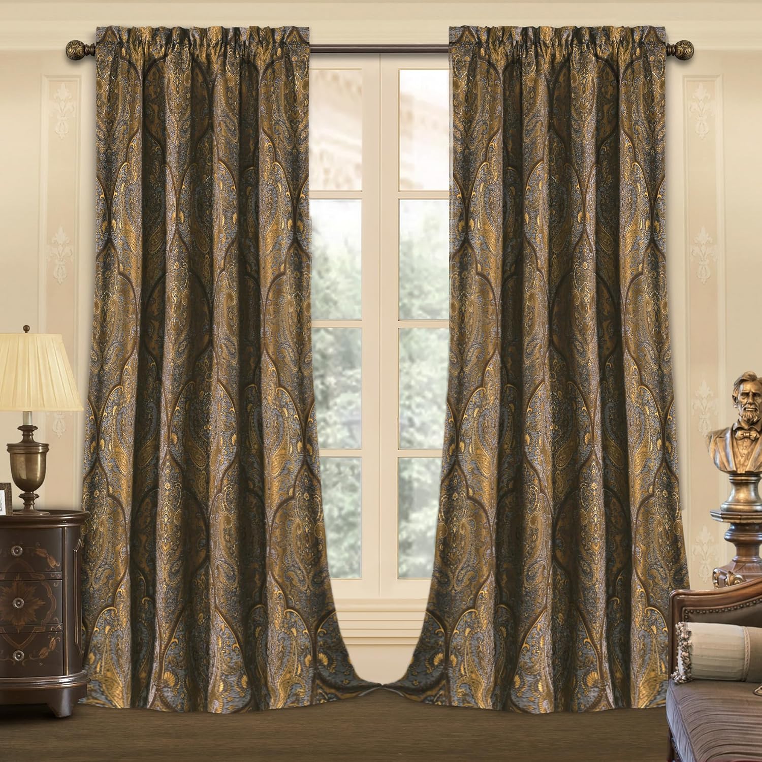 Loom and Mill Luxury Jacquard Curtains for Bedroom, Classic Antique Lined Damask Curtains 2 Panels with Tiebacks, Bronze Gold Window Curtain for Living Room Holiday Banquet Decor(52Wx108L, 2 Panels) Bronze Gold 52"W x 108"L (Pack of 2)