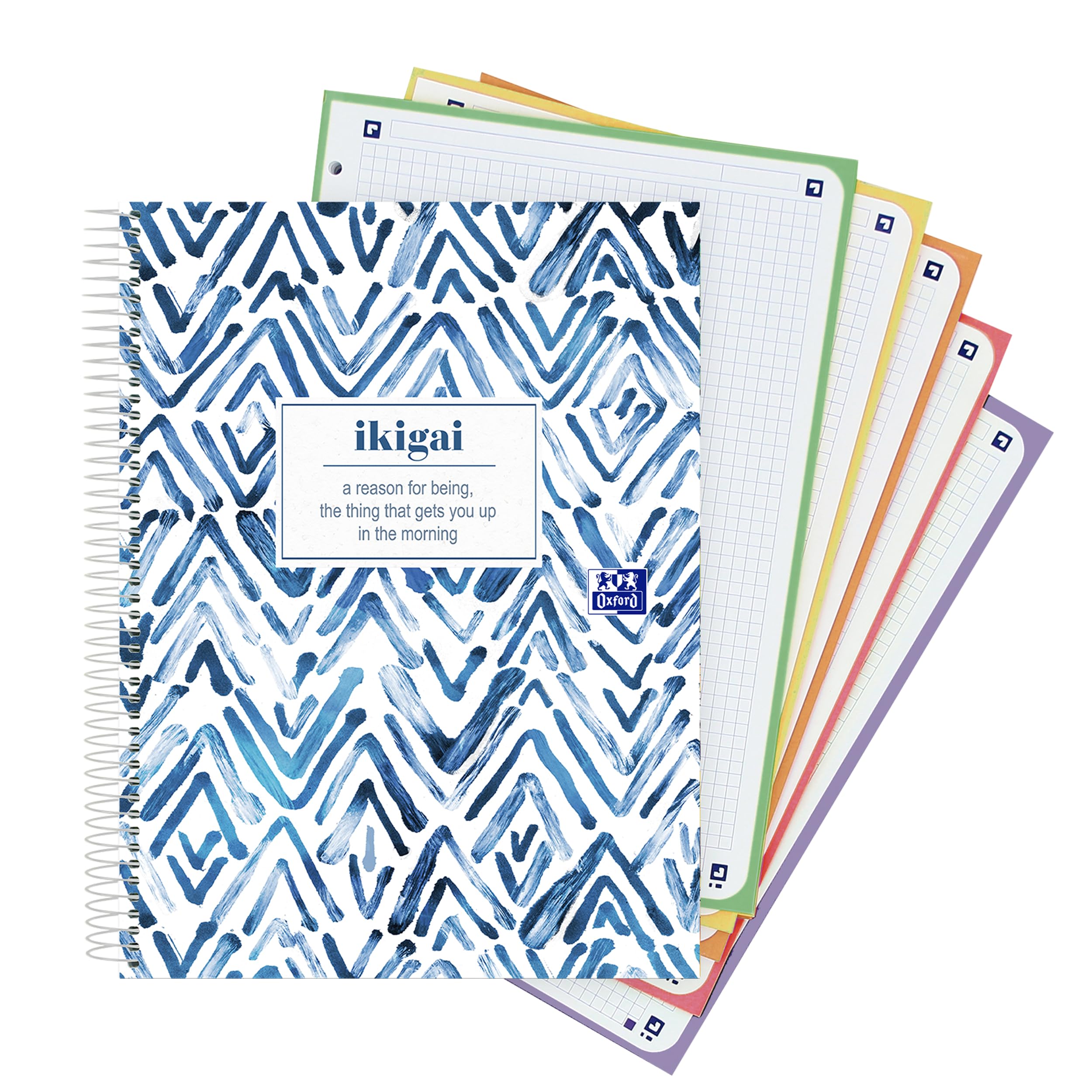 Oxford, Cuaderno A4+, Cuadrícula 5x5, Tapa Extradura, 120 Hojas, 5 Colores de Recuadro, 4 Taladros, Libreta Bonita Japandi, Diseño Ikigai