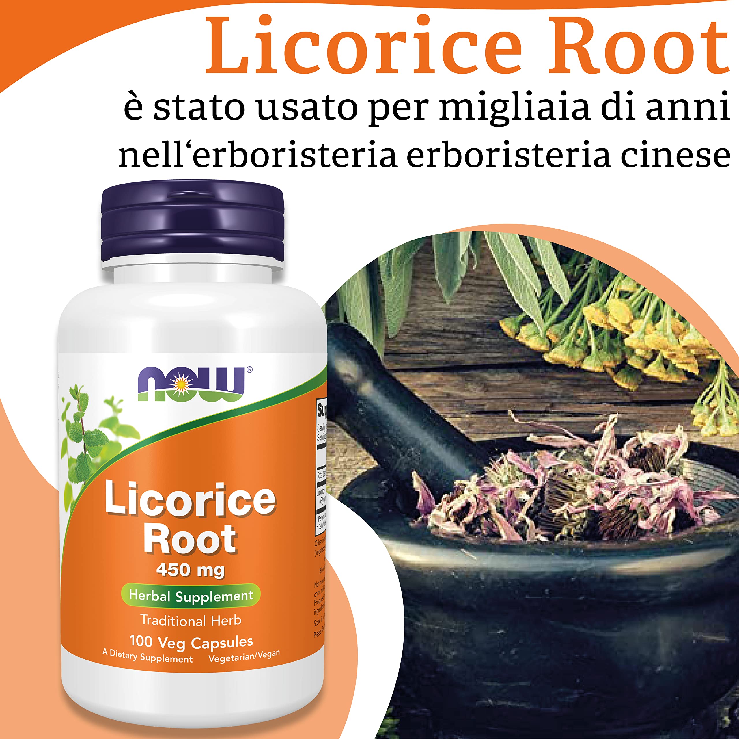 Now Foods, Licorice Root (Radice di Liquirizia), 450 mg, 100 Capsule vegane, Testato in Laboratorio, Senza Glutine, Senza Soia, Vegetariano