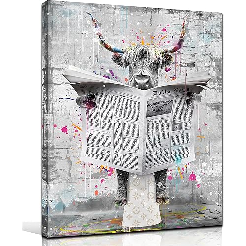 GUGIKA Highland Cow Canvas Wall Art for Bathroom, Funny Graffiti Bedroom Wall Decor, Black and White Painting for Living Room, Restroom Picture, 12x16 Inch