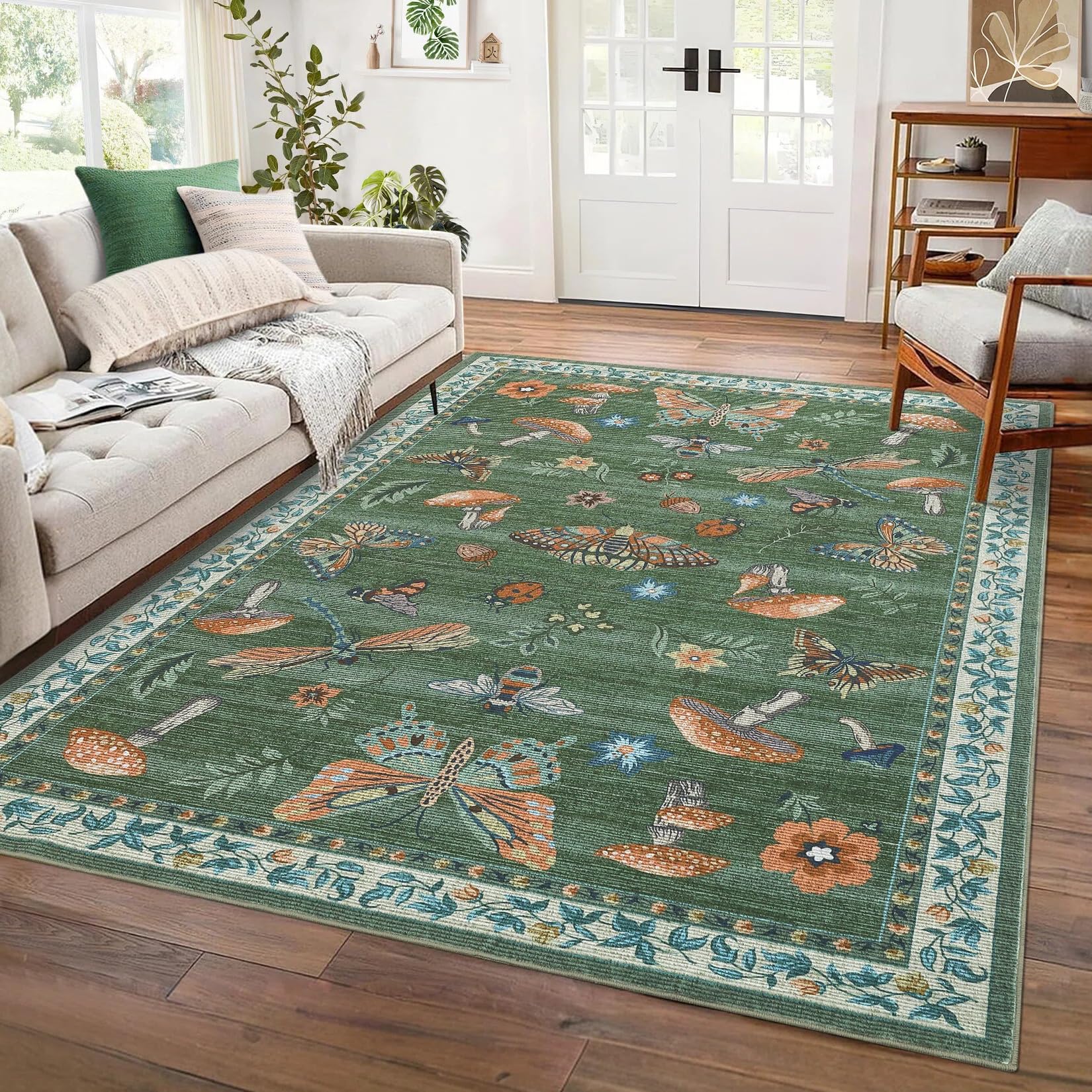 CAROMIO 160x230 cm Mushroom Butterfly Rug for Living Room Grass Green